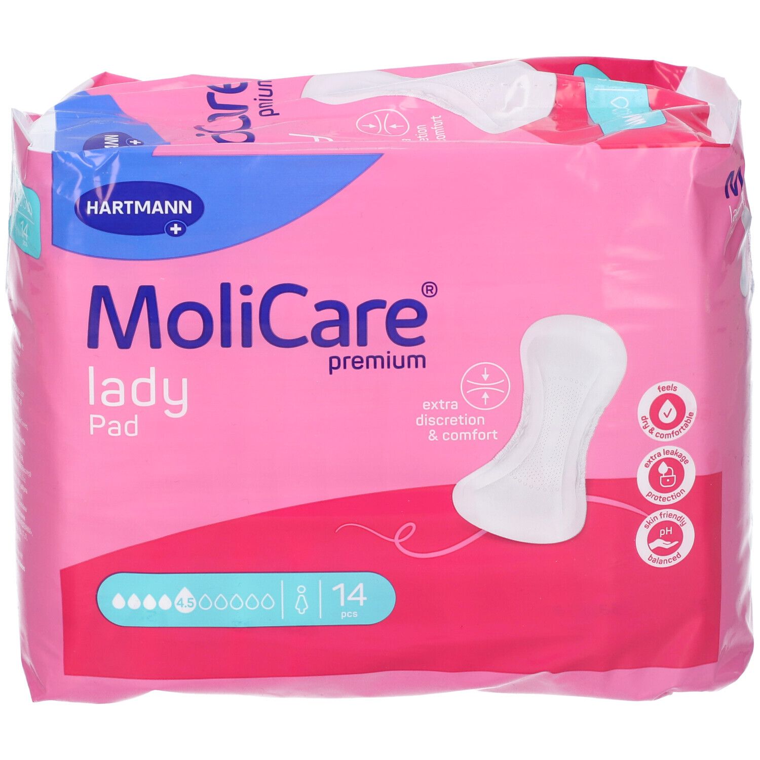 Confezione MoliCare Lady Pad. Confezione rosa con immagine del prodotto e logo. 14 pezzi.