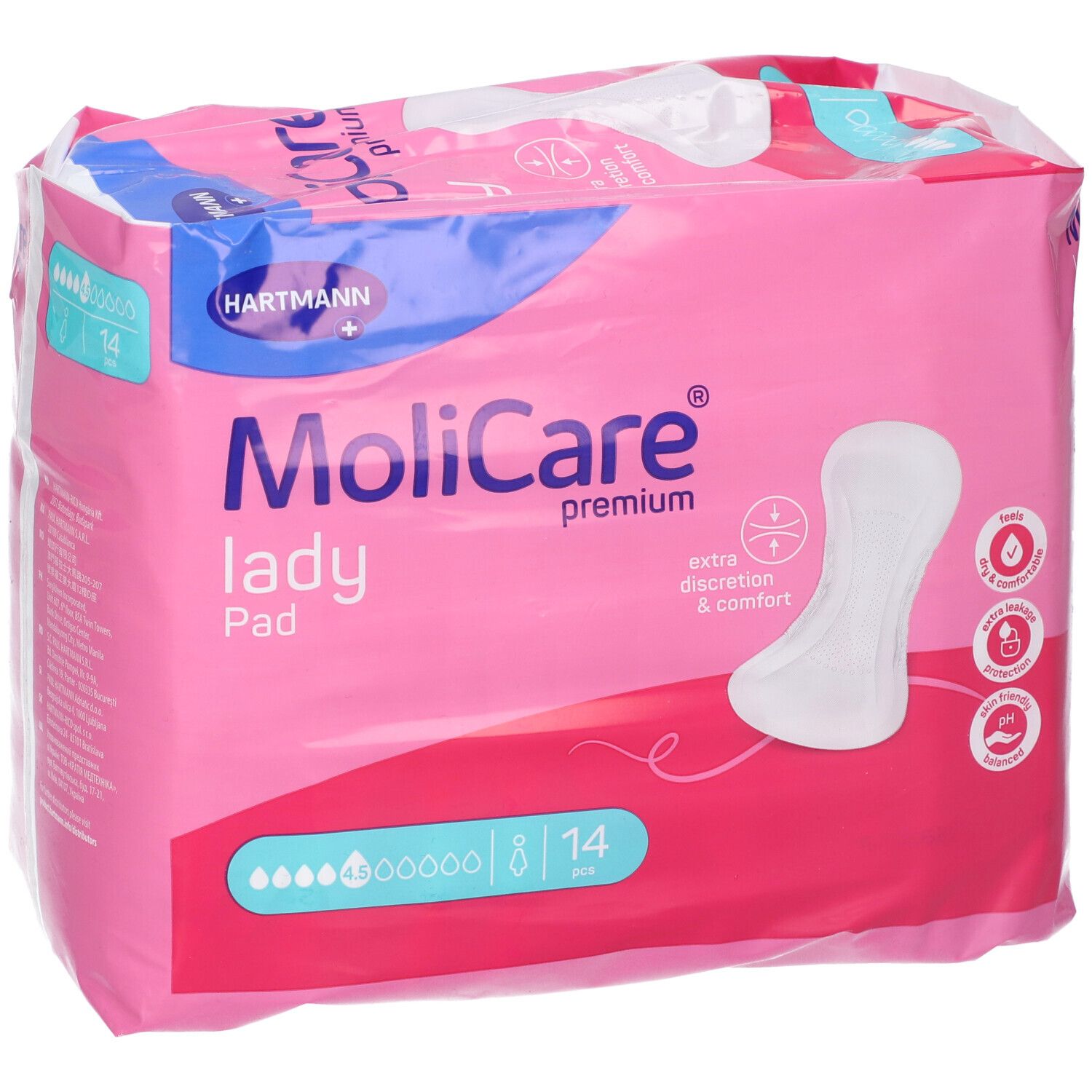 Confezione MoliCare Lady Pad. Confezione rosa con immagine del prodotto e logo. 14 pezzi.