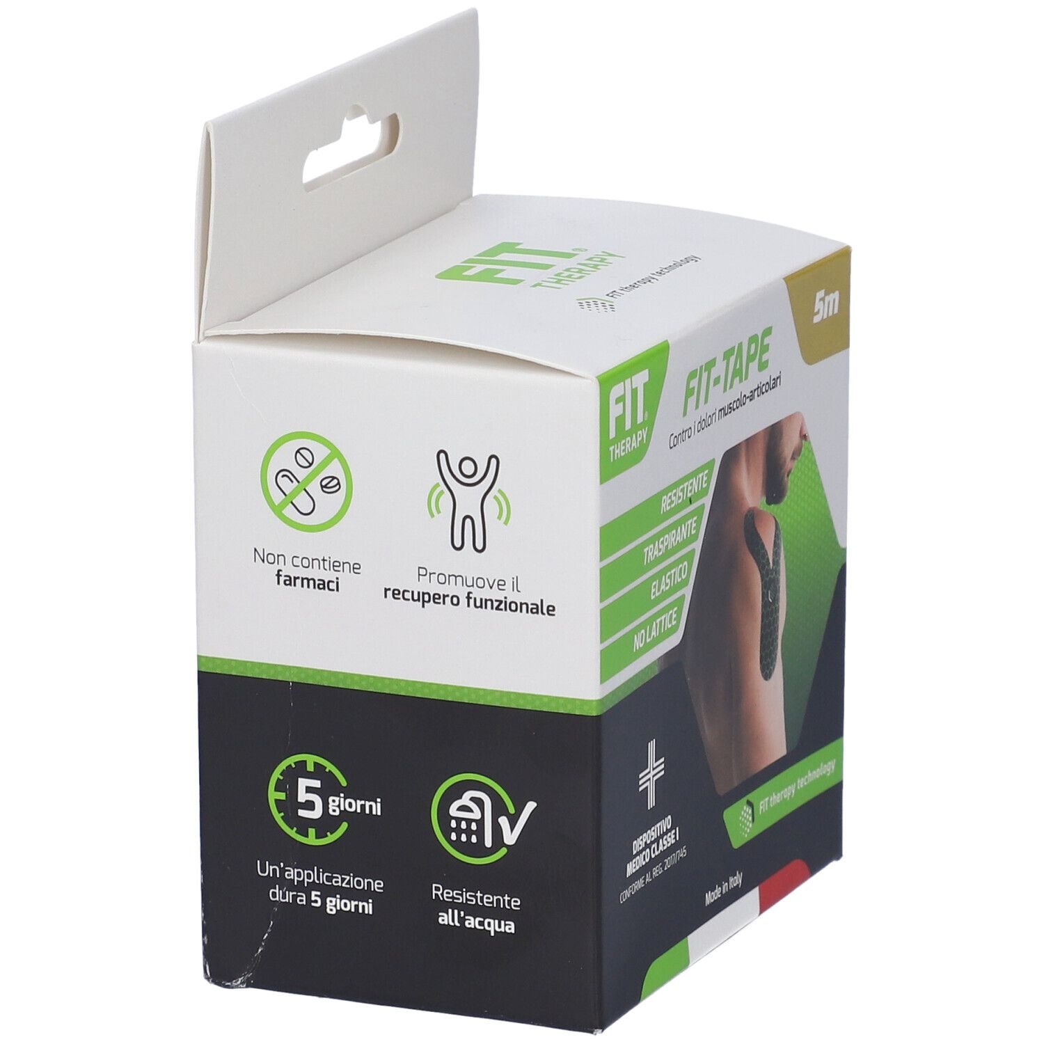 Confezione Fit Therapy Fit-Tape. Scatola con immagini e testo. Resistente all'acqua, applicazione 5 giorni.