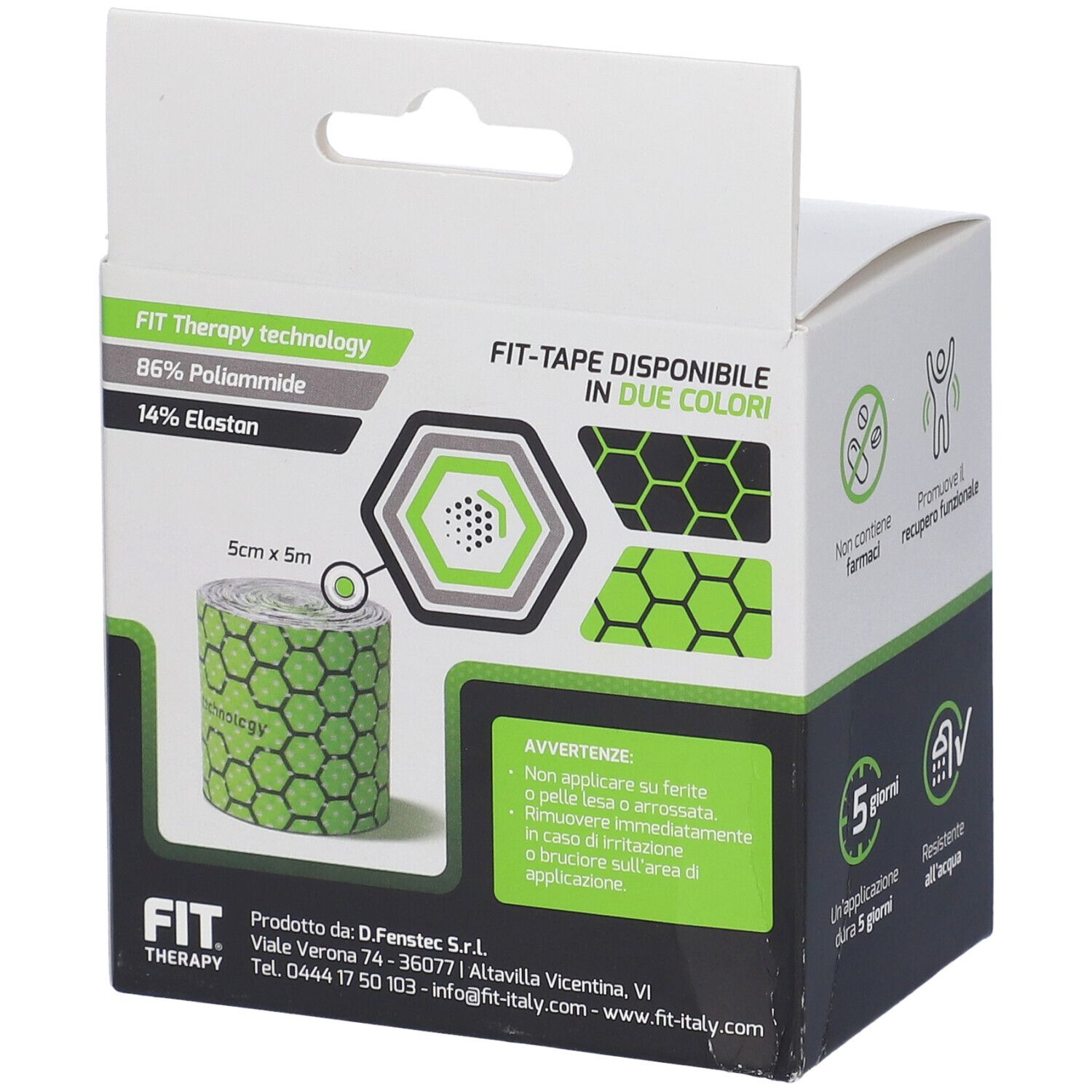 Confezione Fit Therapy Fit-Tape. Scatola con rotolo, 5cm x 5m. 86% poliammide, 14% elastan. Due colori.