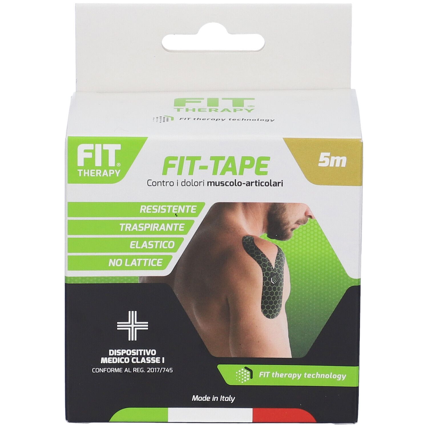 Scatola nera Fit Therapy Fit-Tape. Immagine del prodotto e testo. Dispositivo medico di classe I.