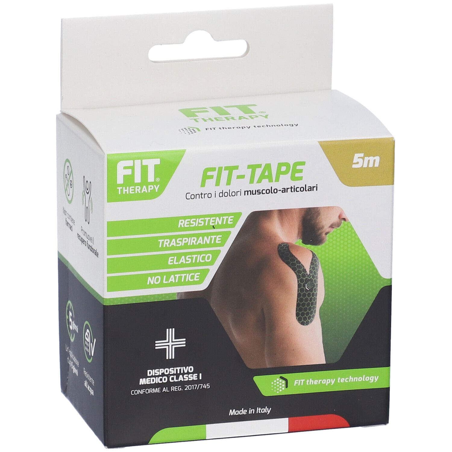 Scatola nera Fit Therapy Fit-Tape. Immagine del prodotto e testo. Dispositivo medico di classe I.