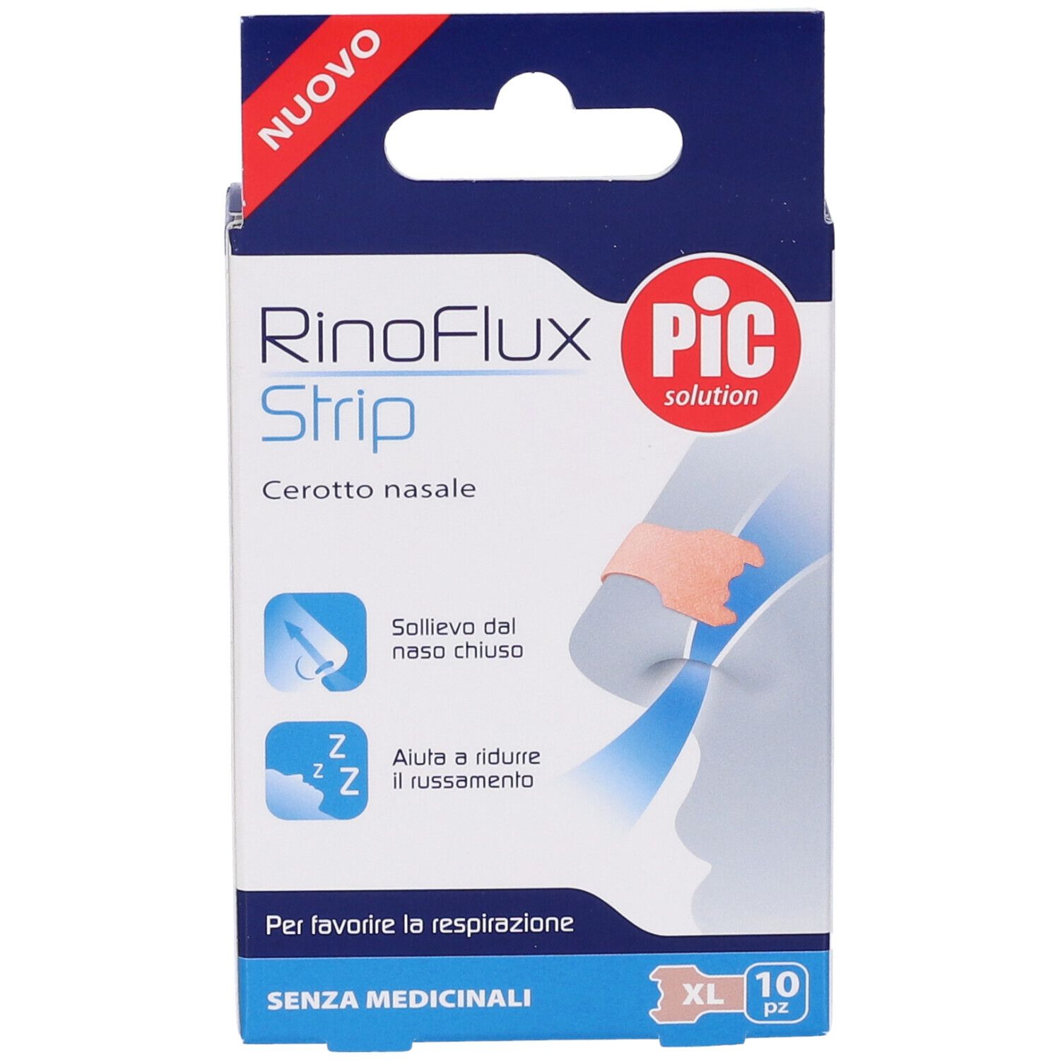 Confezione di cerotti nasali RinoFlux Strip, PIC. Contiene 10 pezzi, taglia XL. Illustrazioni e informazioni.