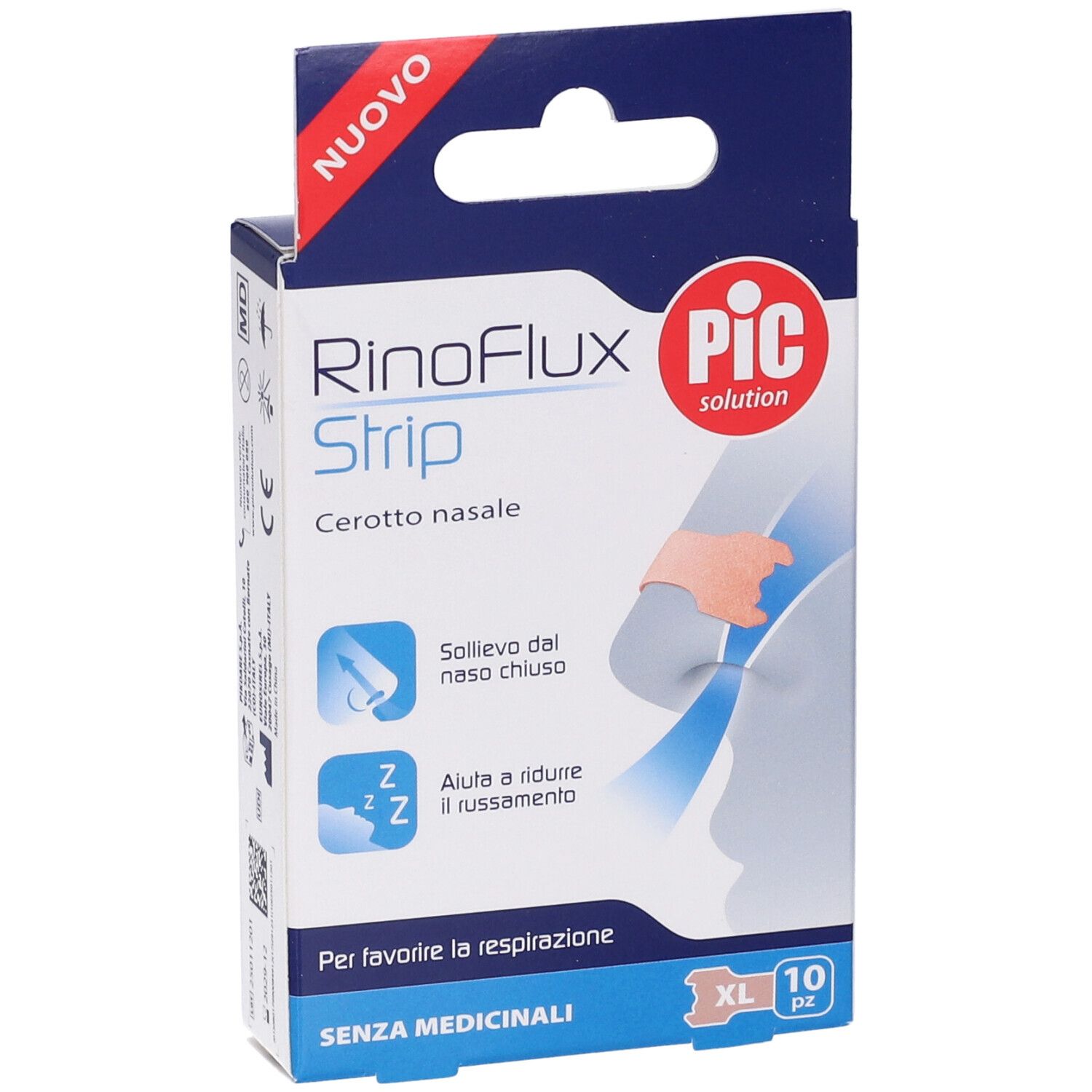 Confezione di cerotti nasali RinoFlux Strip, PIC. Contiene 10 pezzi, taglia XL. Illustrazioni e informazioni.