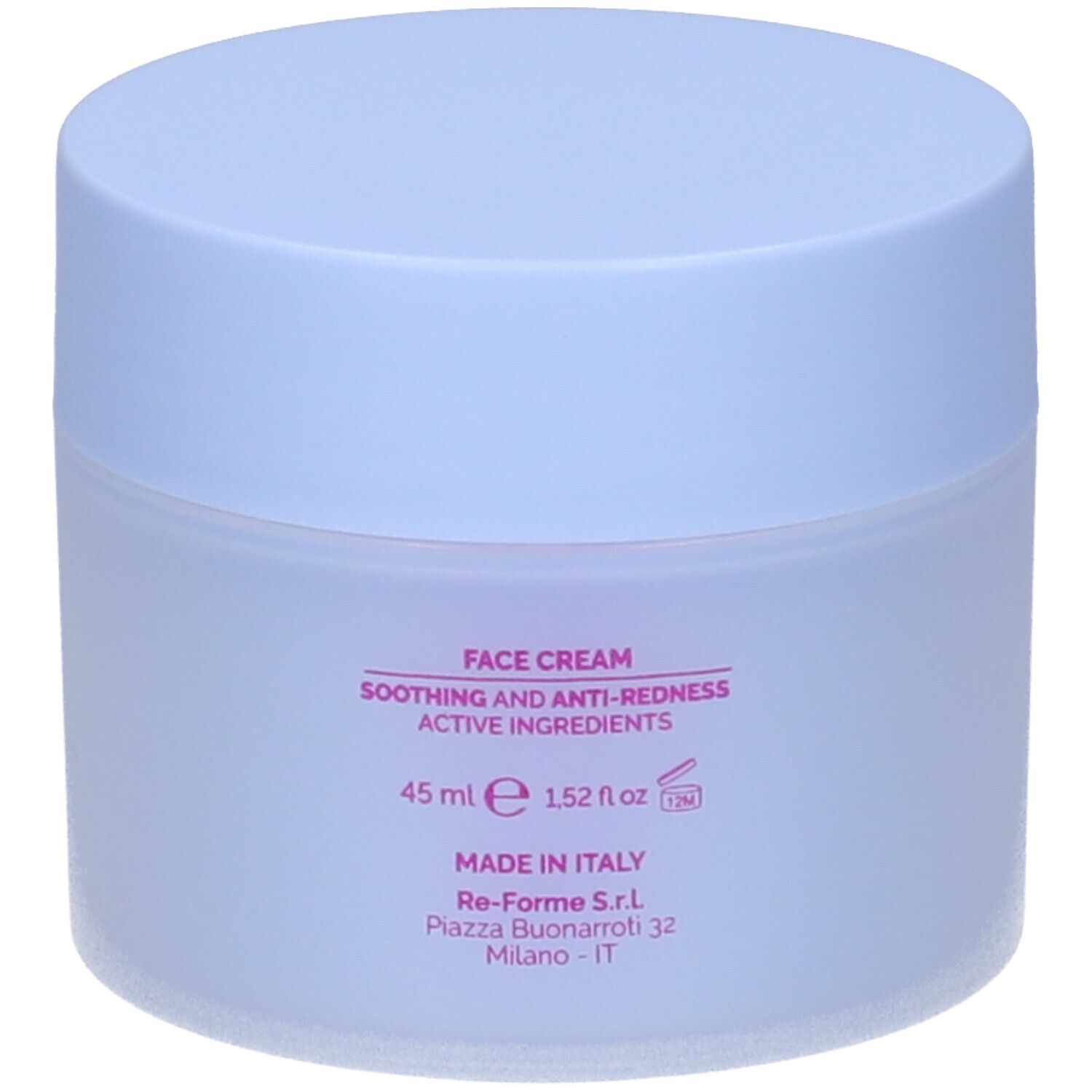 Vaso di crema blu chiaro con coperchio. Sul vaso si legge "FACE CREAM" e "45 ml".