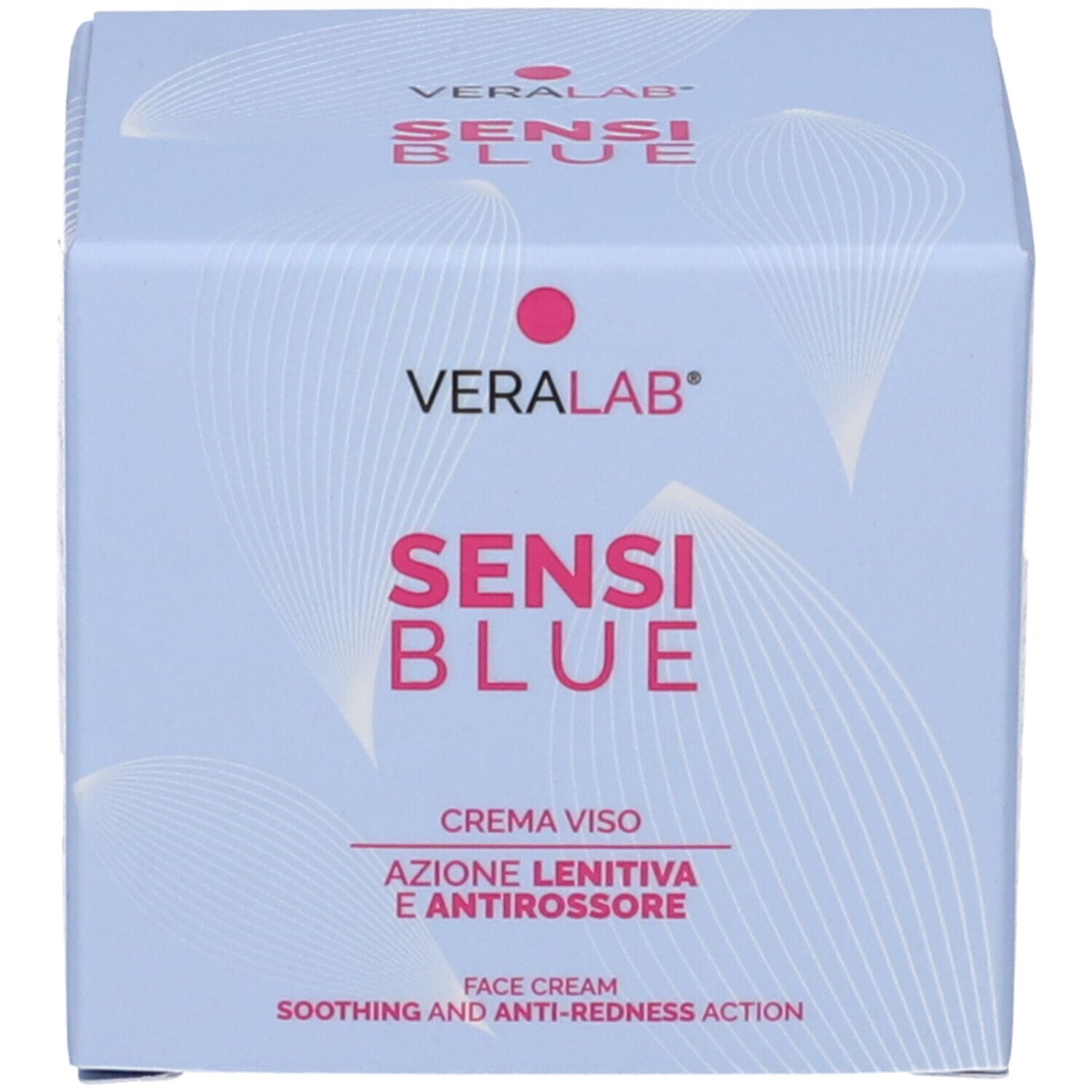 Scatola blu chiaro con motivo bianco. Sulla scatola si legge "VERALAB SENSI BLUE CREMA VISO".