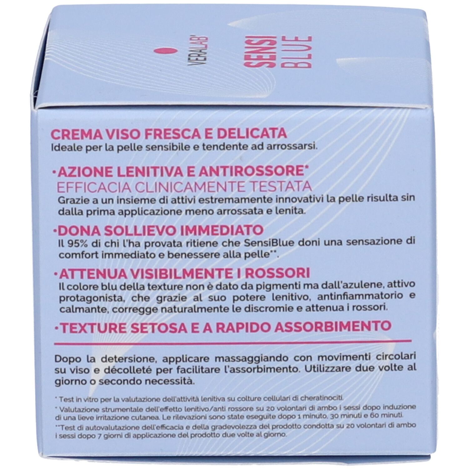 Retro di una scatola blu chiaro con testo. Testo in italiano.