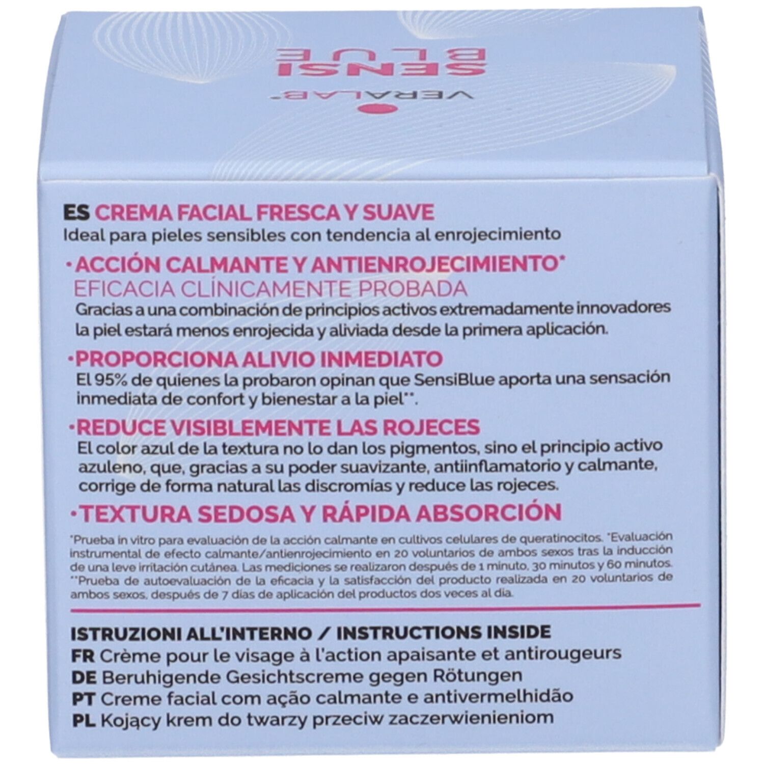 Retro di una scatola blu chiaro con testo. Testo in spagnolo, francese, tedesco e polacco.