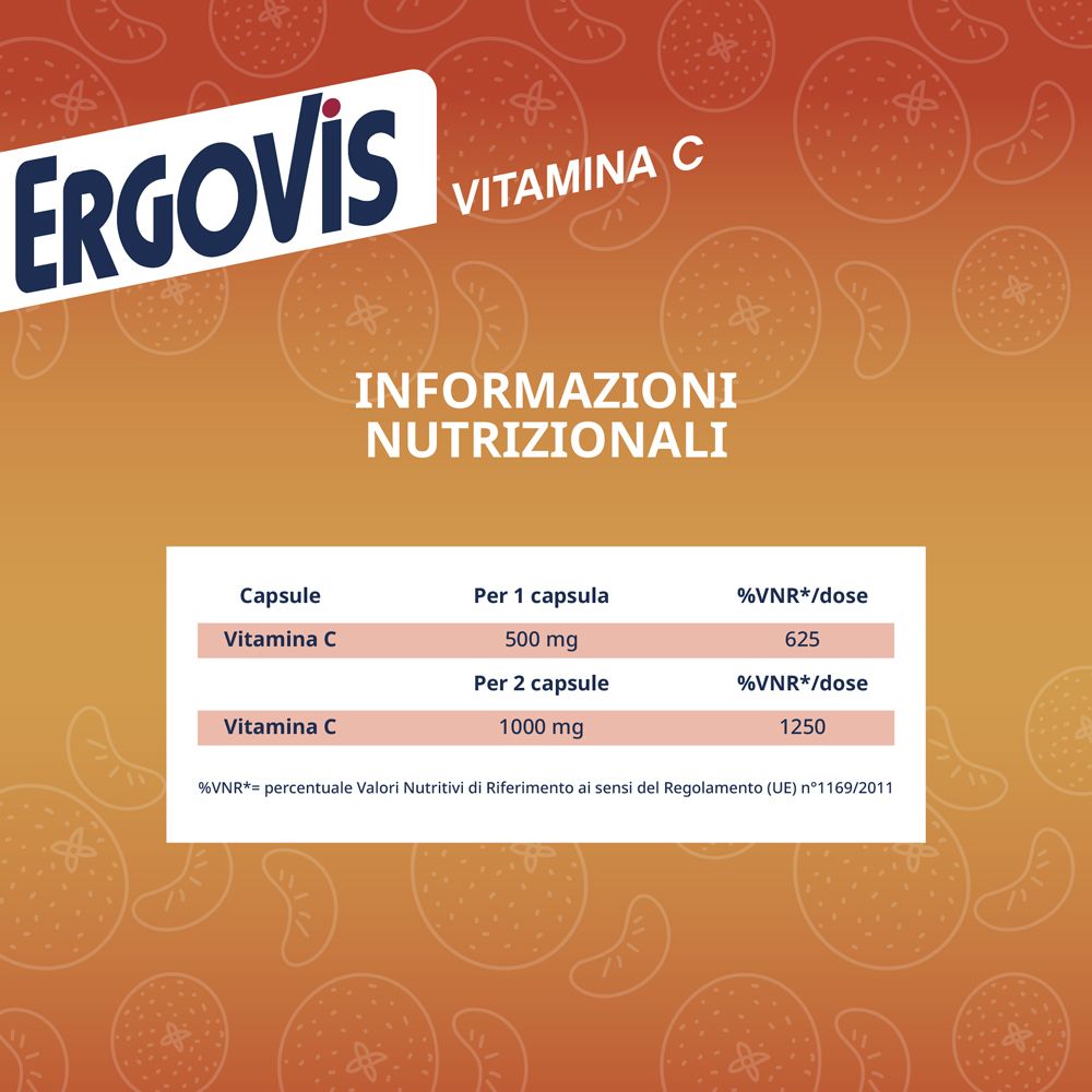 Grafica con Ergovis Vitamina C. Testo: Informazioni nutrizionali. Tabella con valori di vitamina C.