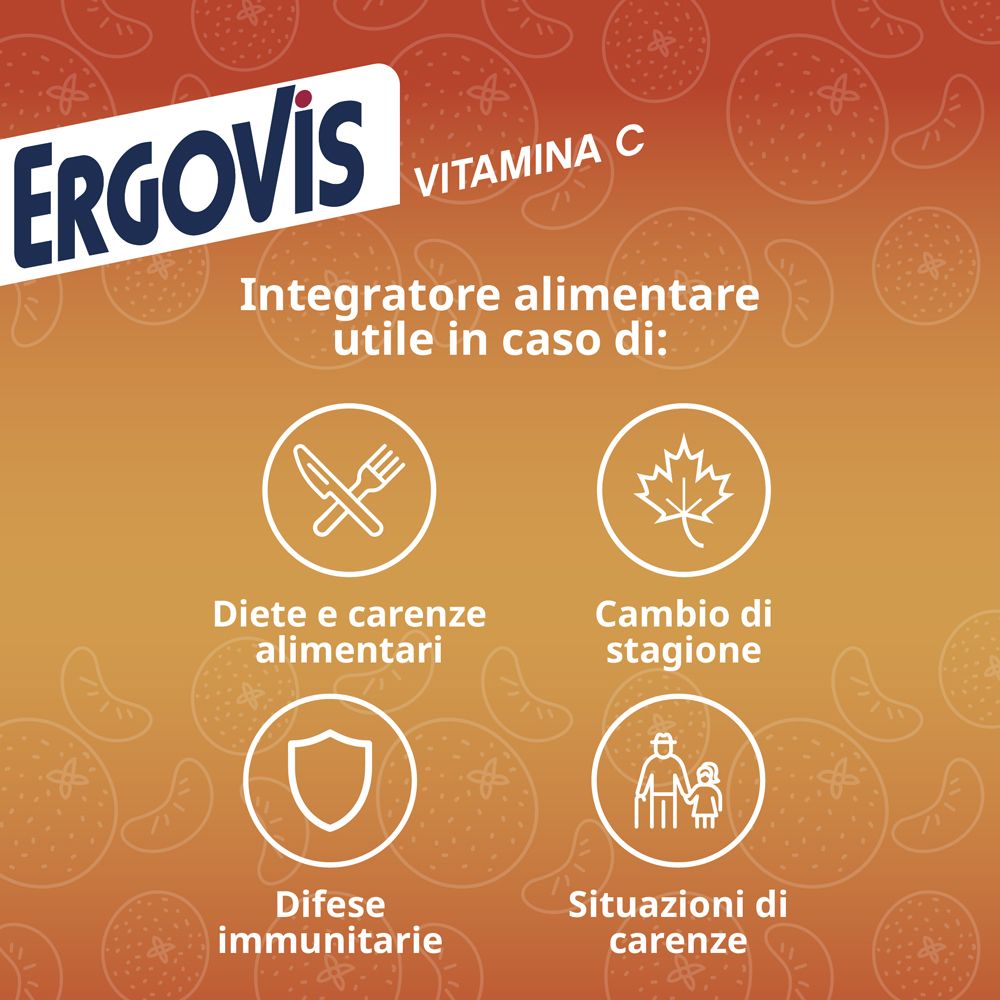 Grafica Ergovis Vitamina C. Testo: Integratore alimentare utile in caso di: diete, cambi di stagione, difese immunitarie, carenze.