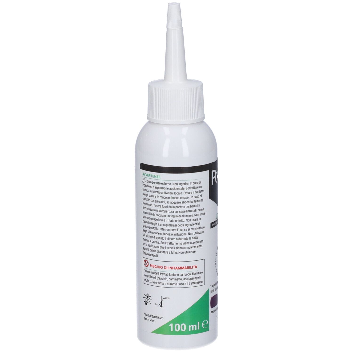 Retro del flacone bianco con testo. Scritta: 100 ml. Area viola. Avvertenze e informazioni.