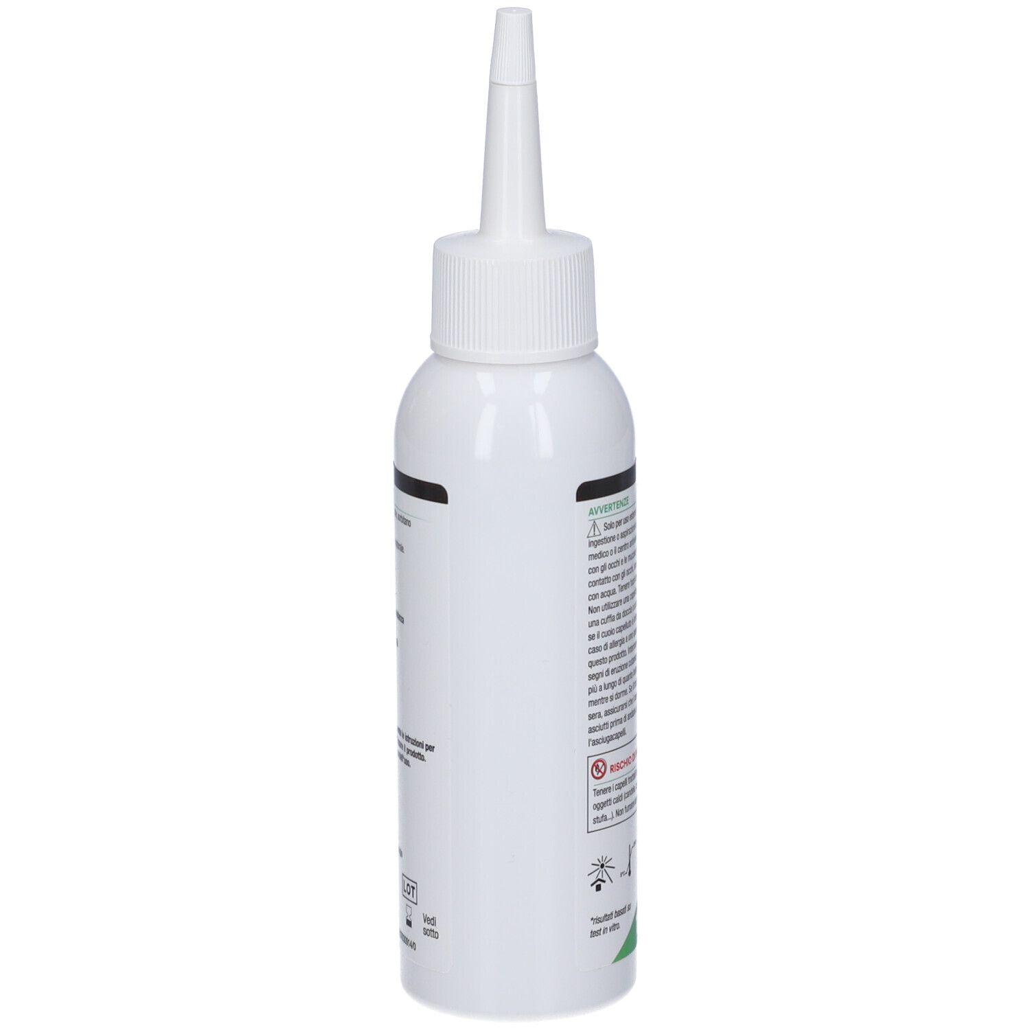 Flacone bianco con applicatore a punta. Testo sul lato. Scritta: 100 ml.