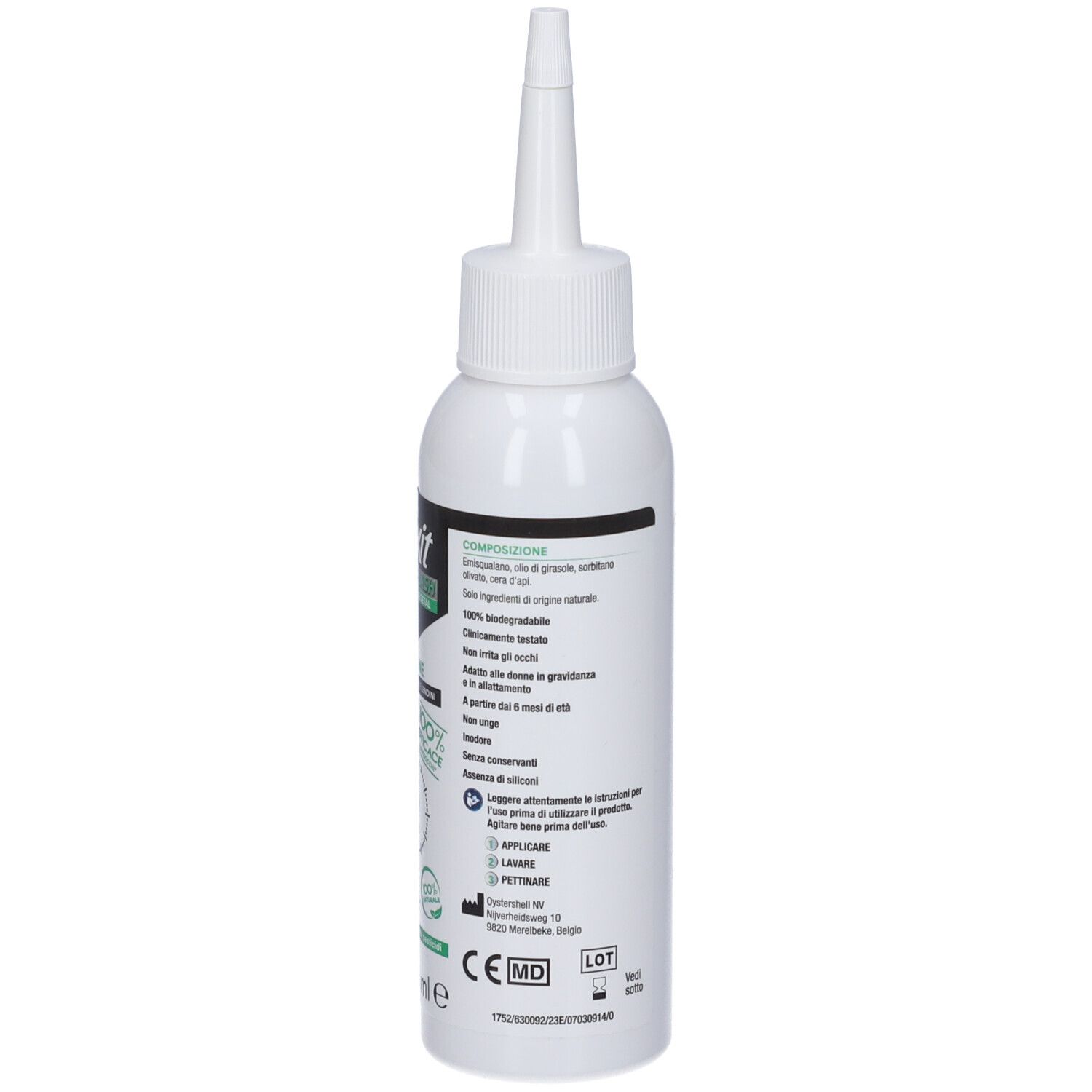 Flacone bianco con applicatore a punta. Testo e loghi. Scritta: 100 ml. Certificazioni.