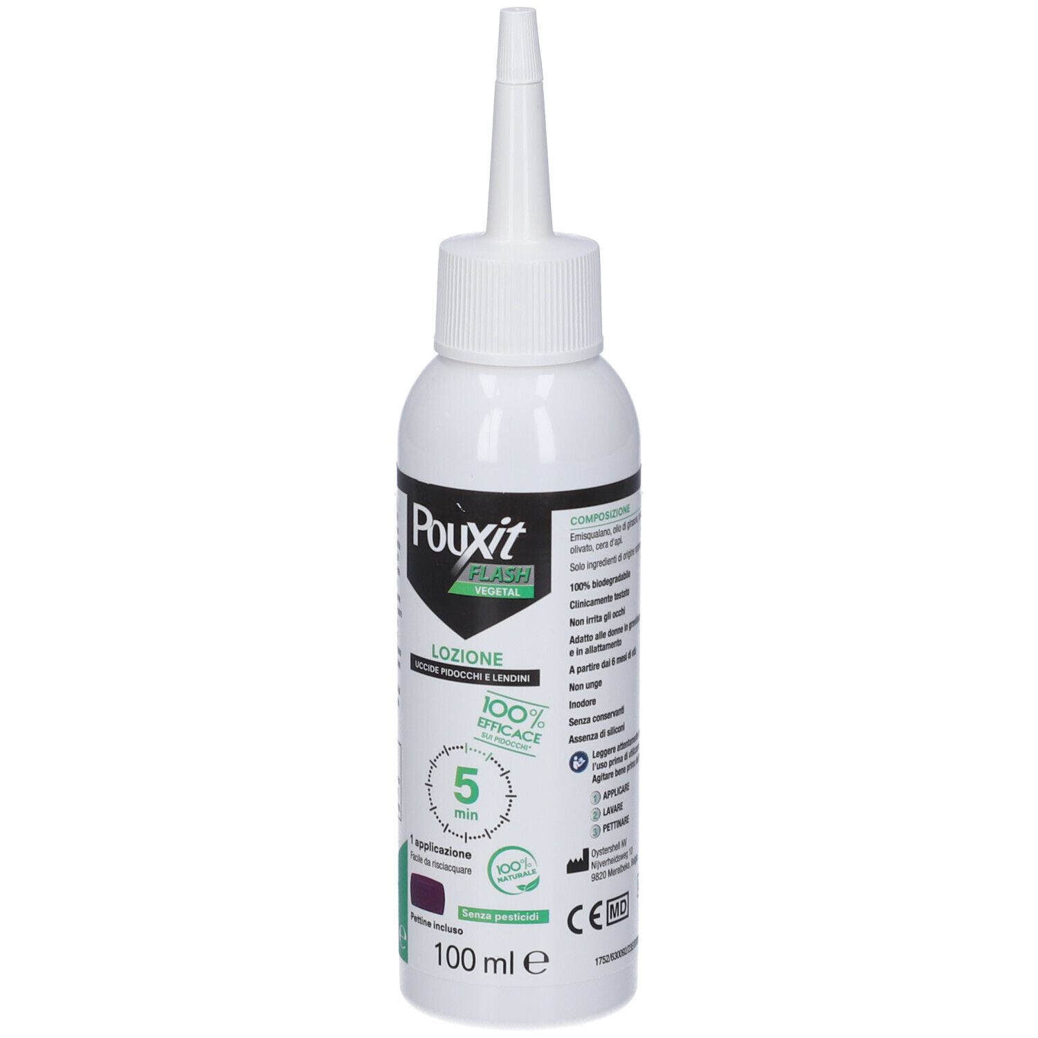 Flacone bianco con applicatore a punta. Scritte: Pouxit Flash, Lozione, 100% efficace, 5 min. Area viola.