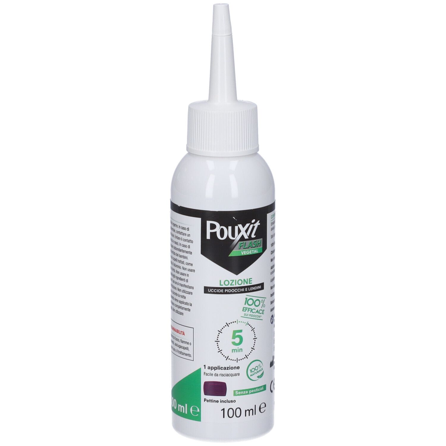 Flacone bianco con applicatore a punta. Scritte: Pouxit Flash, Lozione, 100% efficace, 5 min. Area viola.