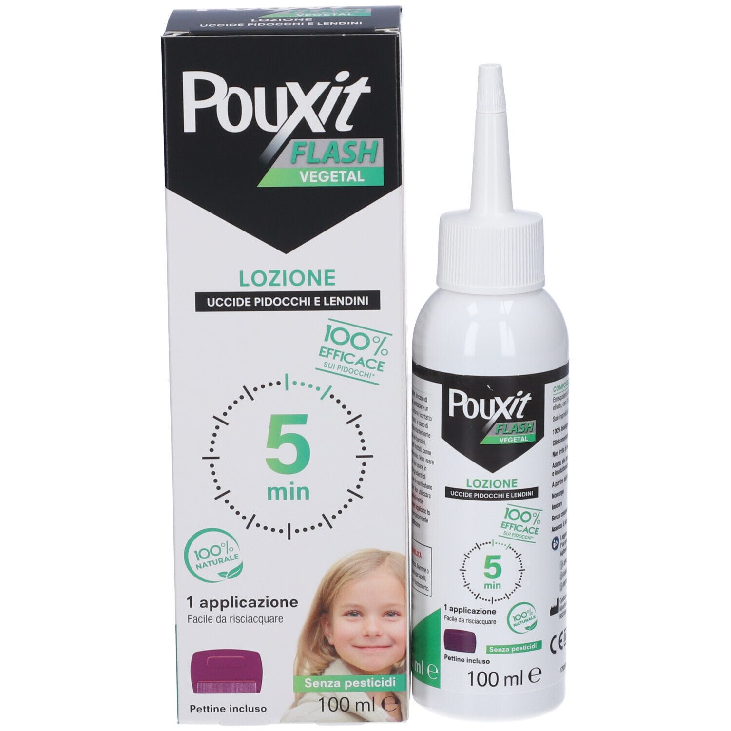 Flacone e confezione del prodotto. Scritte: Pouxit Flash, Lozione, 100% efficace, 5 min. Bambino sulla confezione.