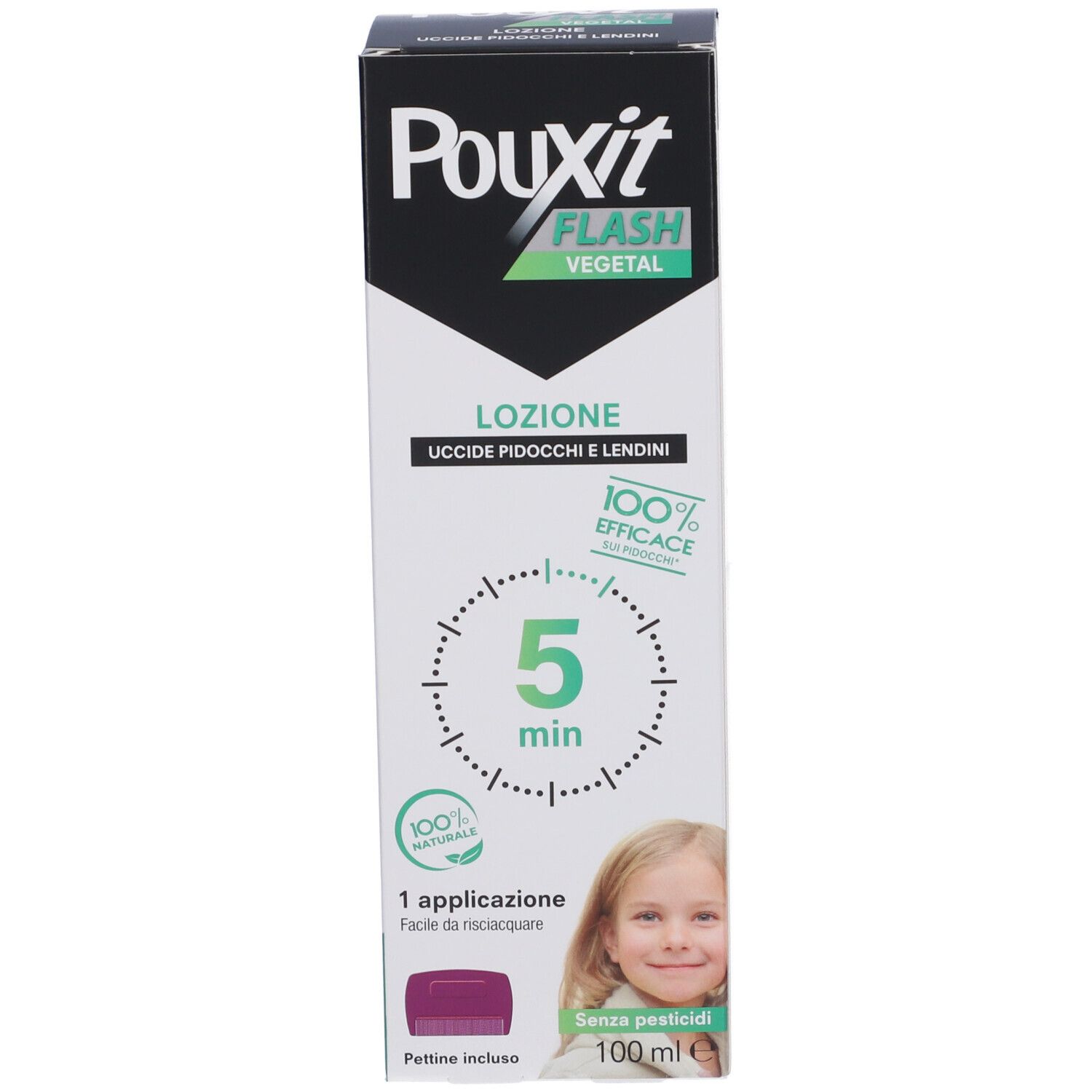 Confezione del prodotto. Scritte: Pouxit Flash, Lozione, 100% efficace, 5 min. Bambino sulla confezione.