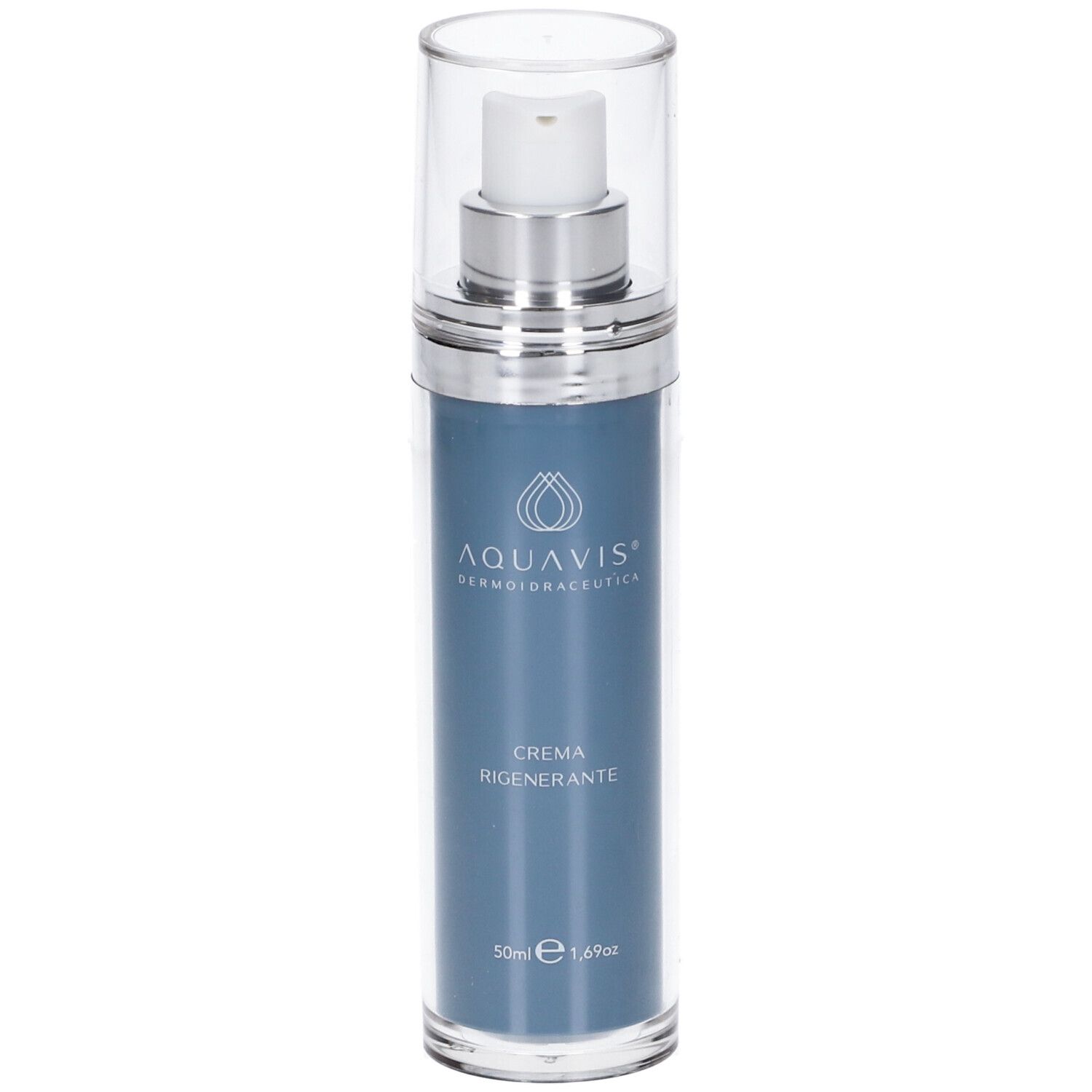 Aquavis Crema Rigenerante 50 ml. Flacone blu con dosatore. Nome del prodotto e logo visibili.