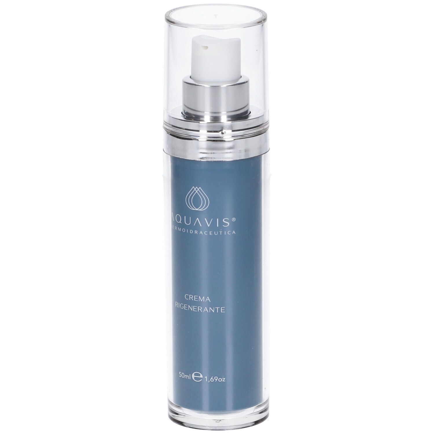 Aquavis Crema Rigenerante 50 ml. Flacone blu con dosatore. Nome del prodotto e logo visibili.