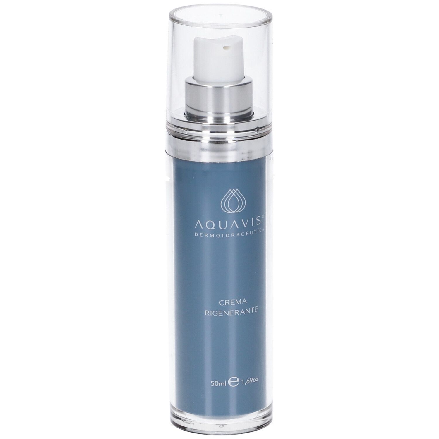 Aquavis Crema Rigenerante 50 ml. Flacone blu con dosatore. Nome del prodotto e logo visibili.