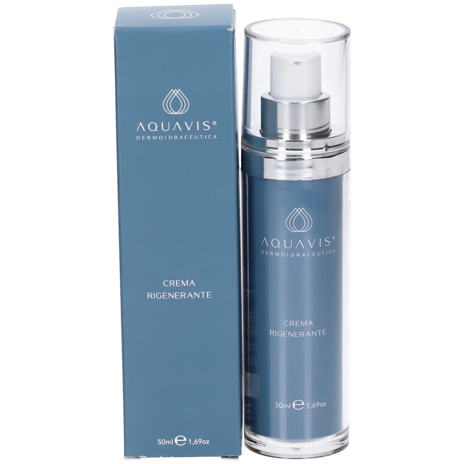 Aquavis Crema Rigenerante 50 ml. Flacone blu e scatola. Nome del prodotto e logo visibili.