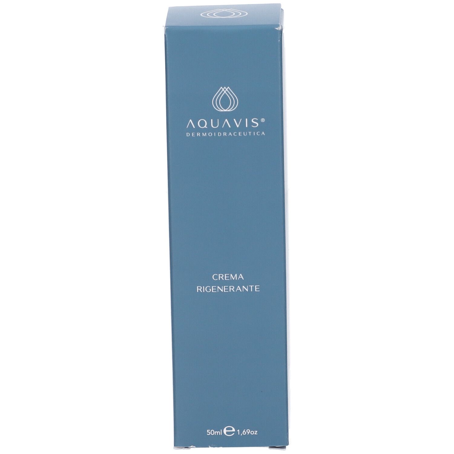Scatola per Aquavis Crema Rigenerante 50 ml. Nome del prodotto e logo visibili.