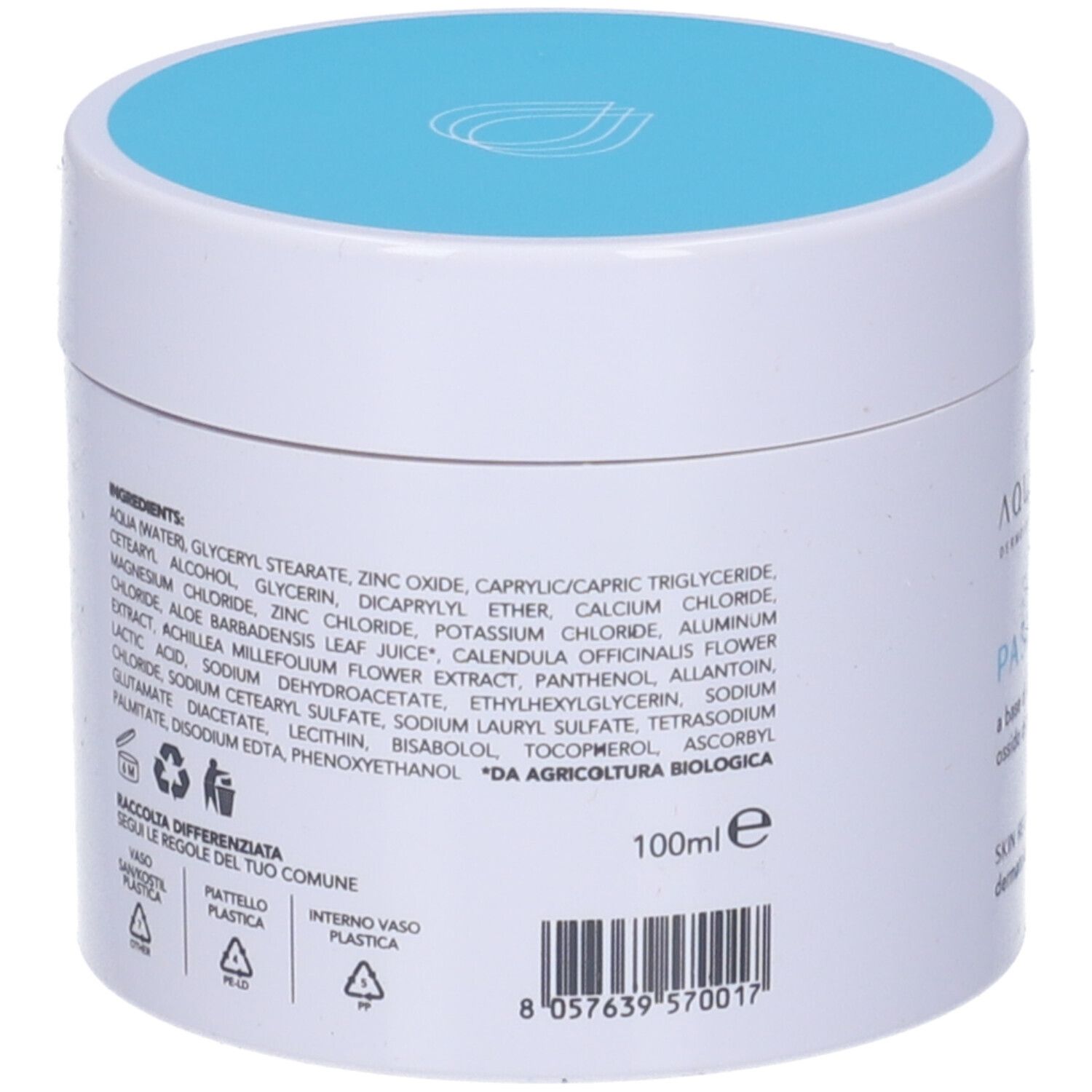 Retro del vaso bianco con coperchio blu. Elenco ingredienti e simboli di riciclaggio.