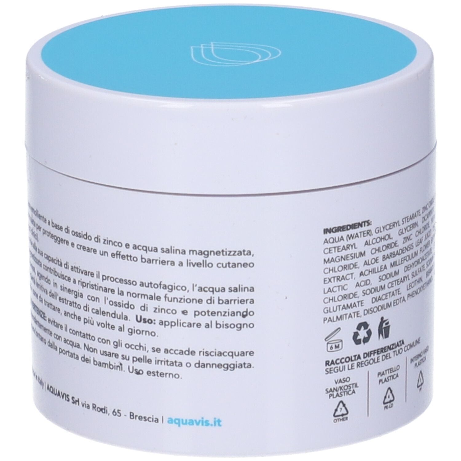 Vista laterale del vaso bianco con coperchio blu. Testo sugli ingredienti e l'uso.