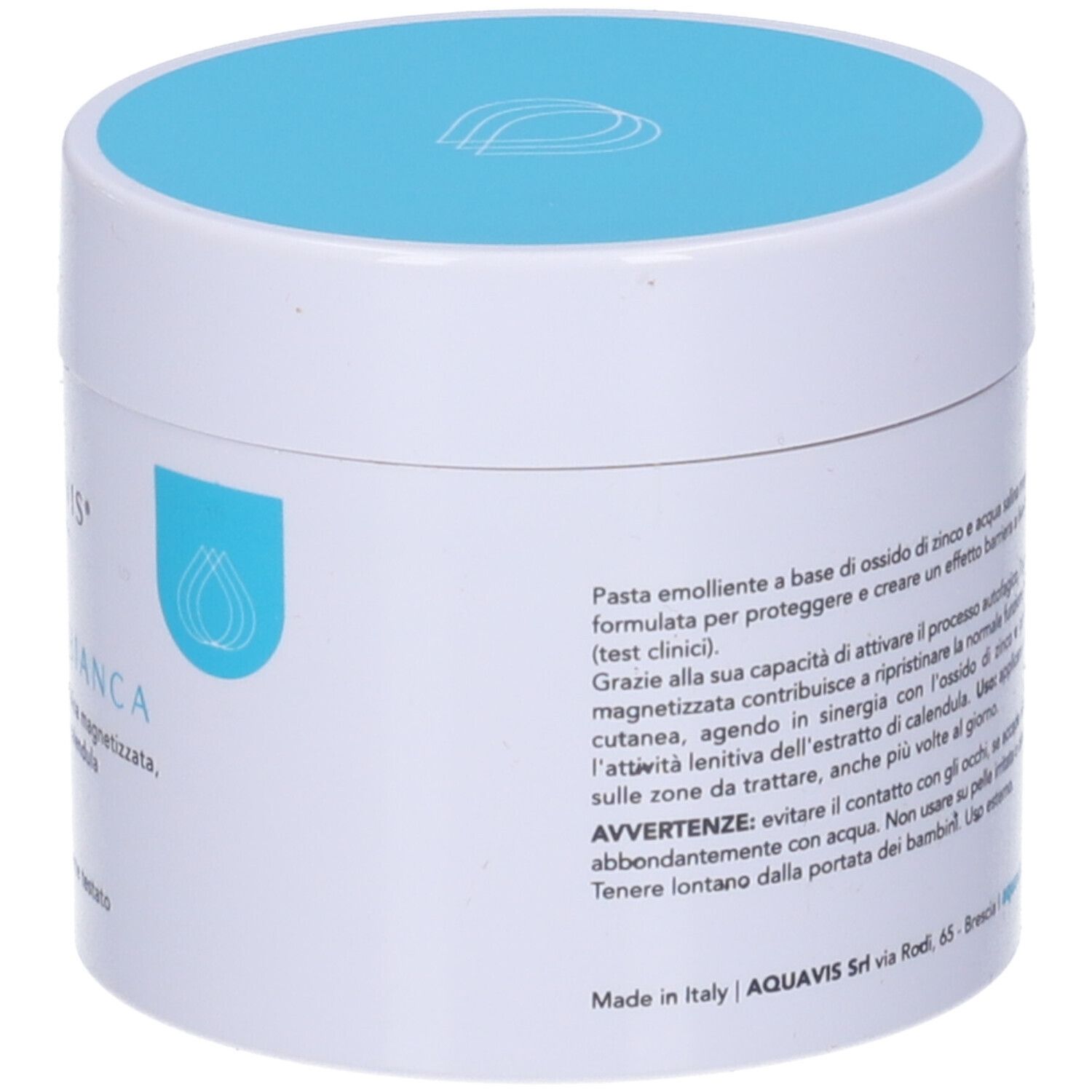 Vista laterale del vaso bianco con coperchio blu. Testo sulle proprietà del prodotto.