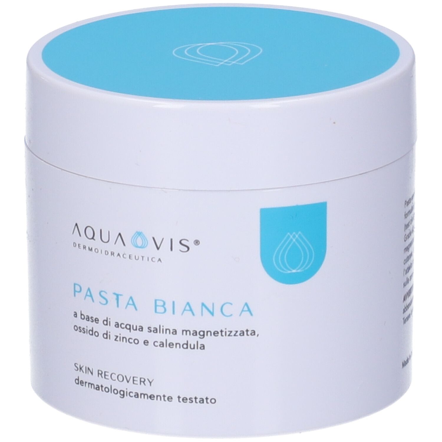 Vaso bianco con coperchio blu. Scritta: AQUAVIS, PASTA BIANCA, SKIN RECOVERY. Dermatologicamente testato.