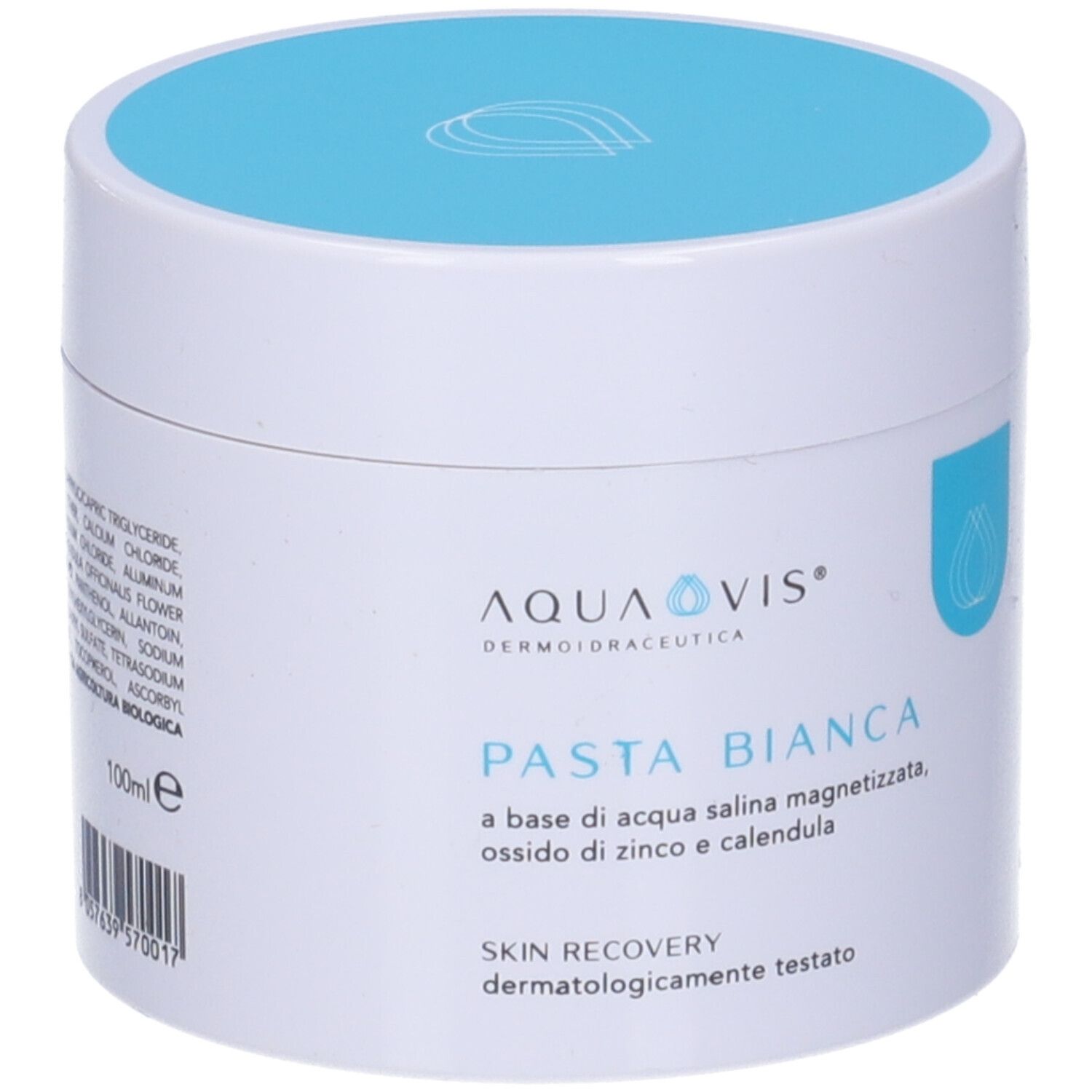 Vaso bianco con coperchio blu. Scritta: AQUAVIS, PASTA BIANCA, SKIN RECOVERY. Dermatologicamente testato.