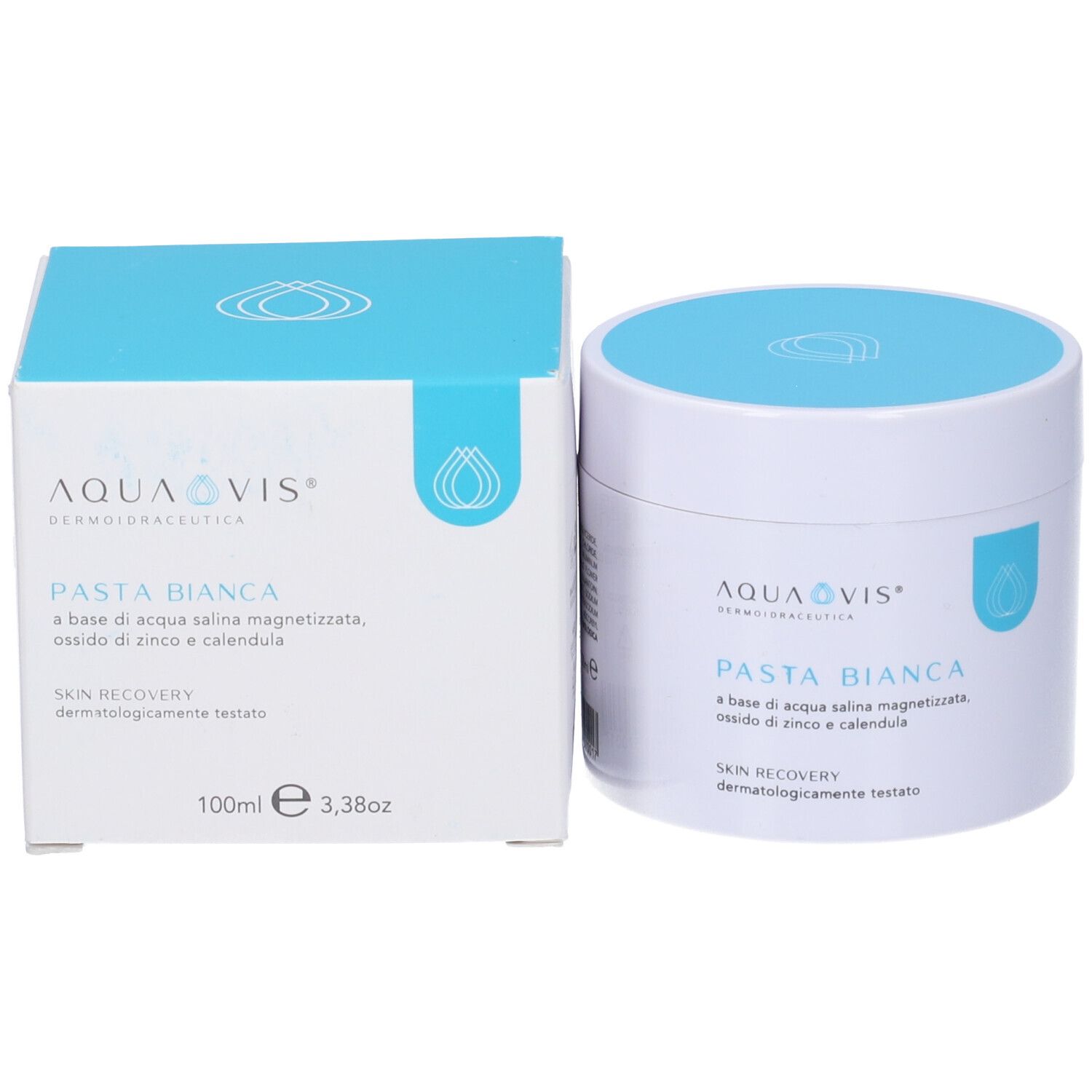 Confezione del prodotto: Vaso bianco con scatola blu. Scritta: AQUAVIS, PASTA BIANCA, SKIN RECOVERY.