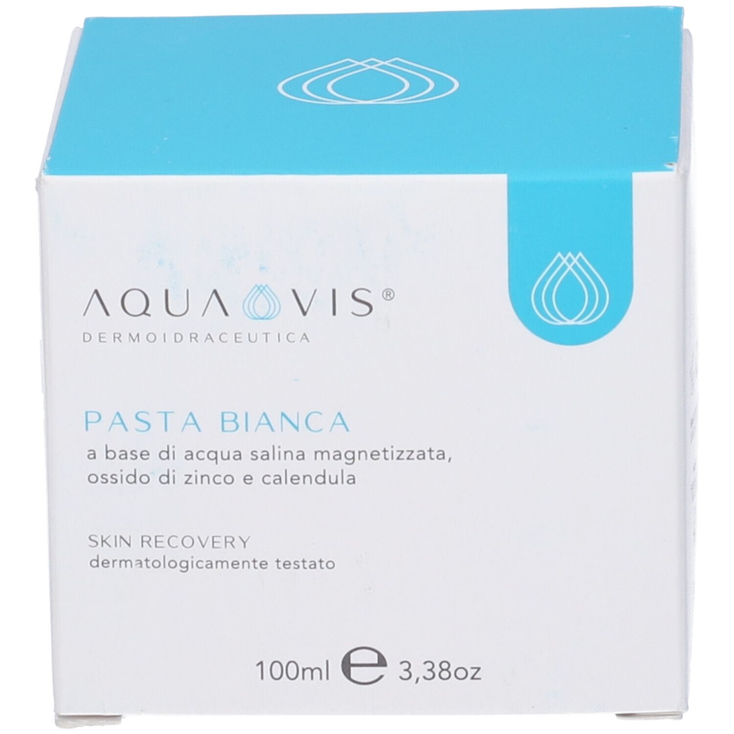Scatola blu con scritta bianca: AQUAVIS, PASTA BIANCA, SKIN RECOVERY. Dermatologicamente testato.