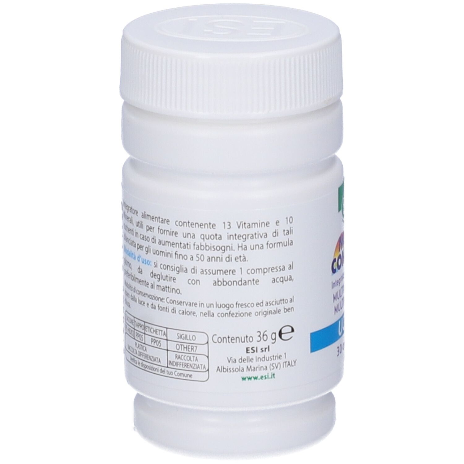 Flacone bianco con tappo a vite. Testo sul retro: ESI Multi Complex Uomo, 36 g.
