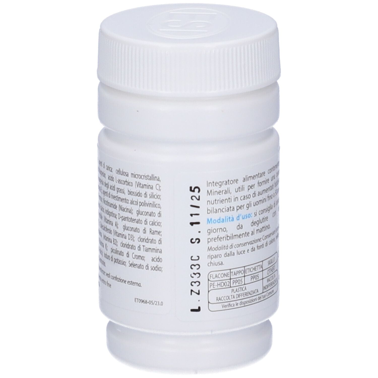 Flacone bianco con tappo a vite. Testo sul retro: ESI Multi Complex Uomo, ingredienti, S.11/25.