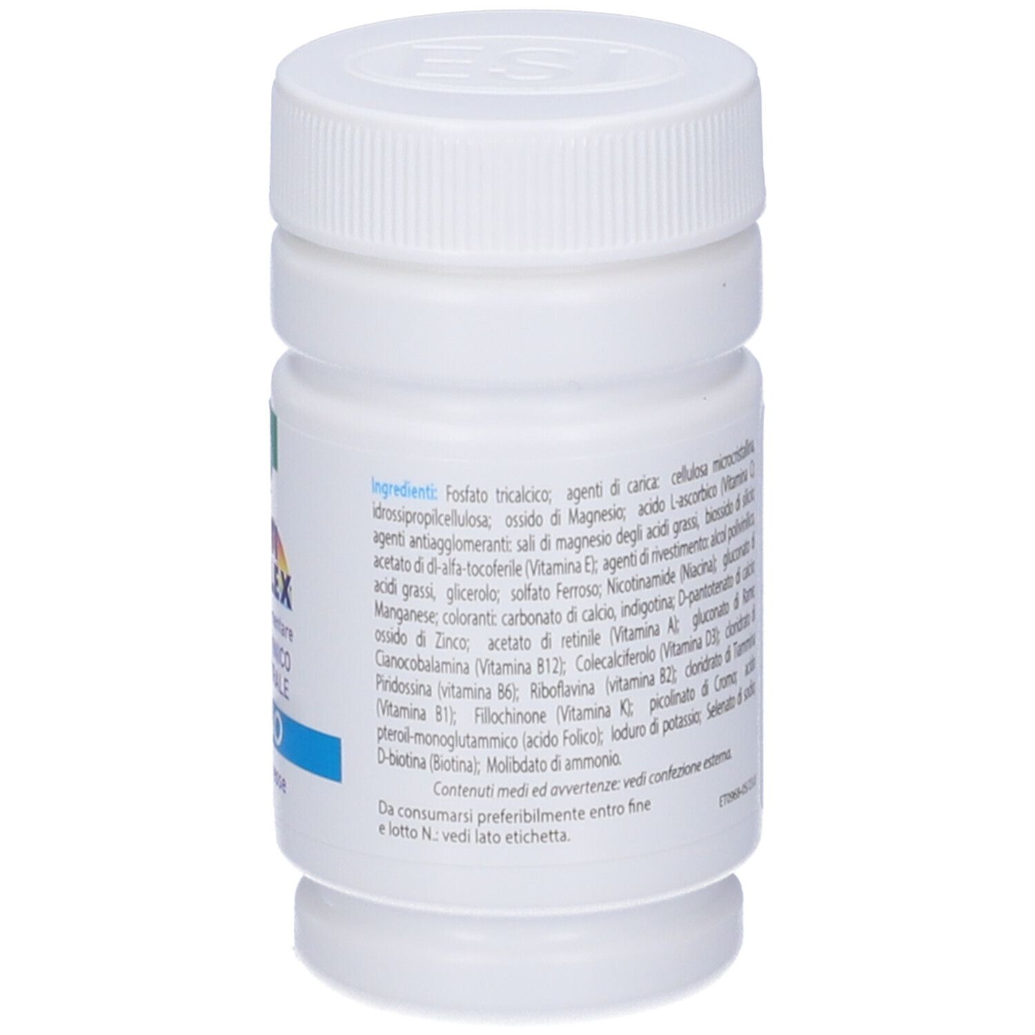 Flacone bianco con tappo a vite. Testo sul retro: ESI Multi Complex Uomo, ingredienti.