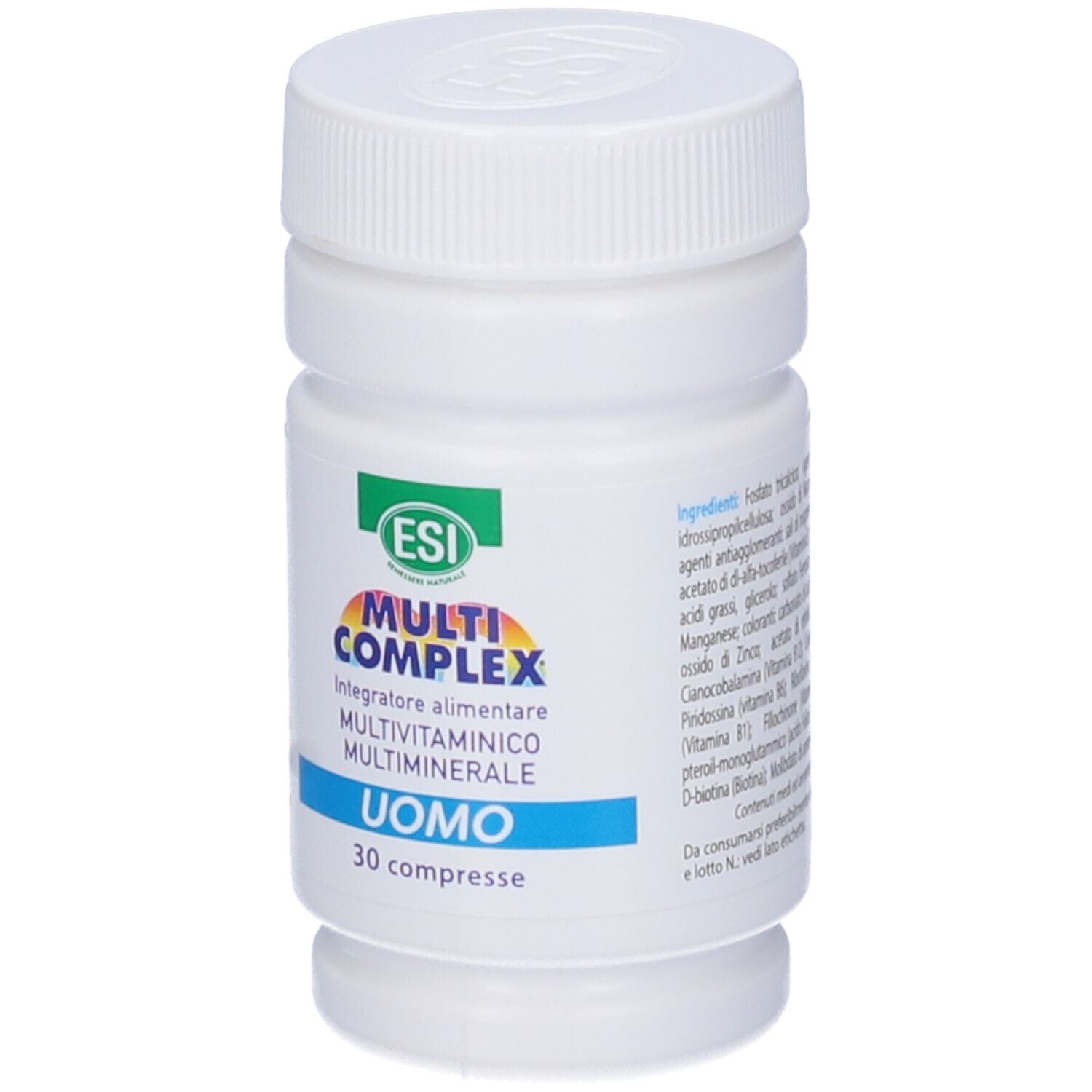 Flacone bianco con tappo a vite. Etichetta con testo: ESI Multi Complex Uomo, 30 compresse, ingredienti.