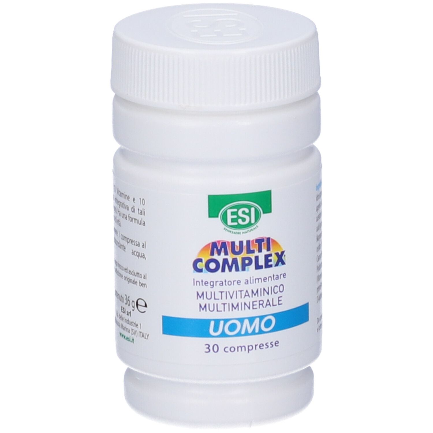 Flacone bianco con tappo a vite. Etichetta con testo: ESI Multi Complex Uomo, 30 compresse.