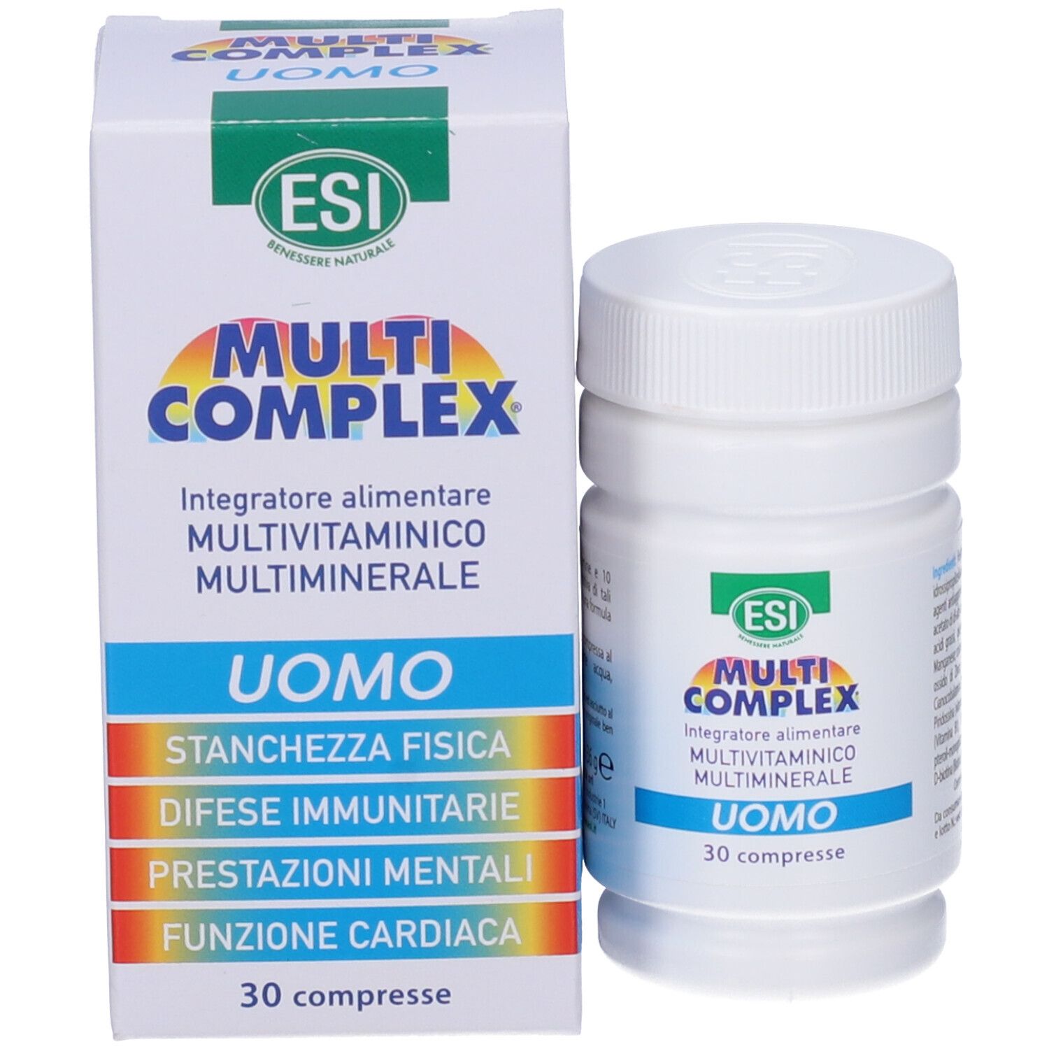 Flacone bianco e scatola. Etichetta e scatola con testo: ESI Multi Complex Uomo, 30 compresse.