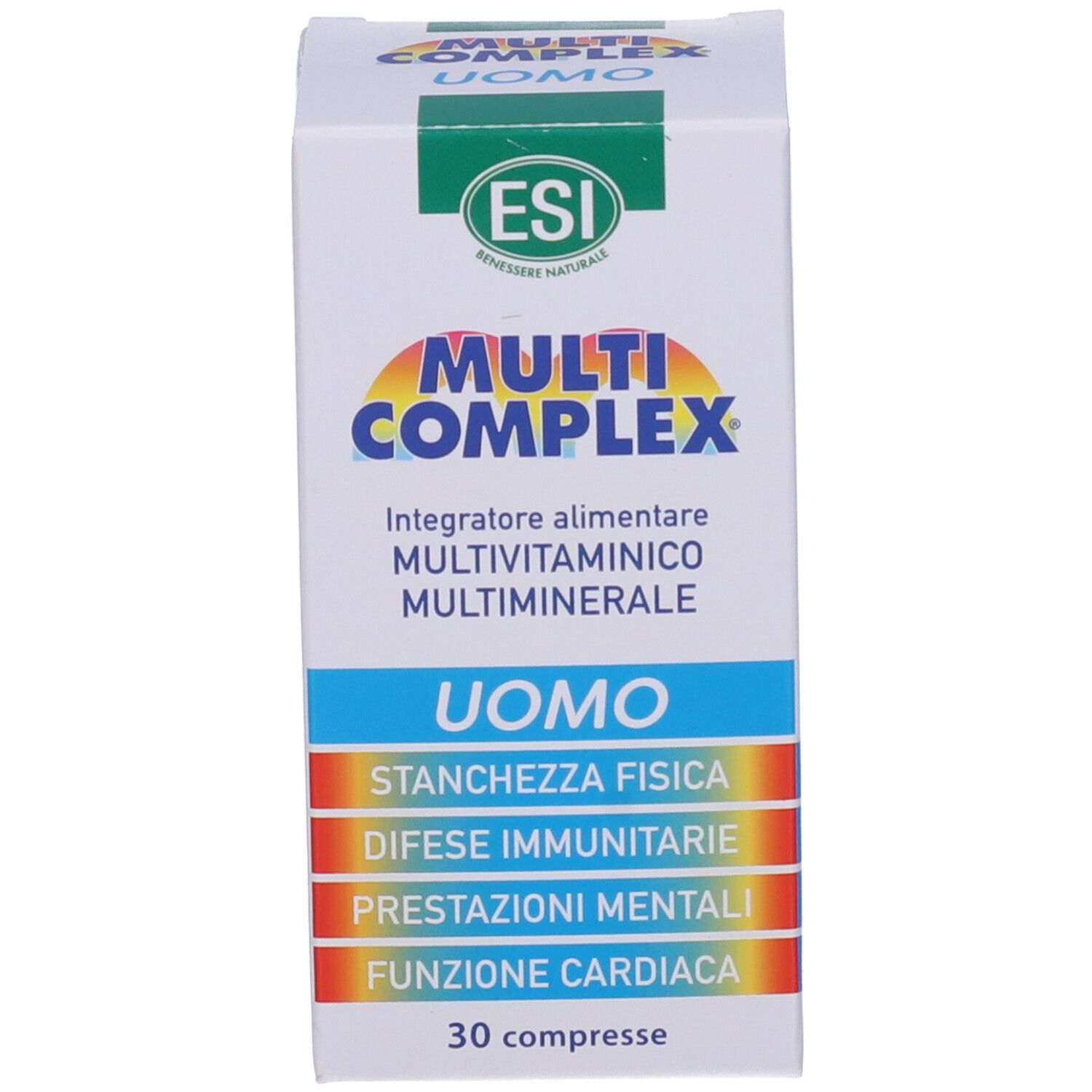 Scatola bianca con testo: ESI Multi Complex Uomo, 30 compresse, energia, difese immunitarie, prestazioni mentali, funzione cardiaca.