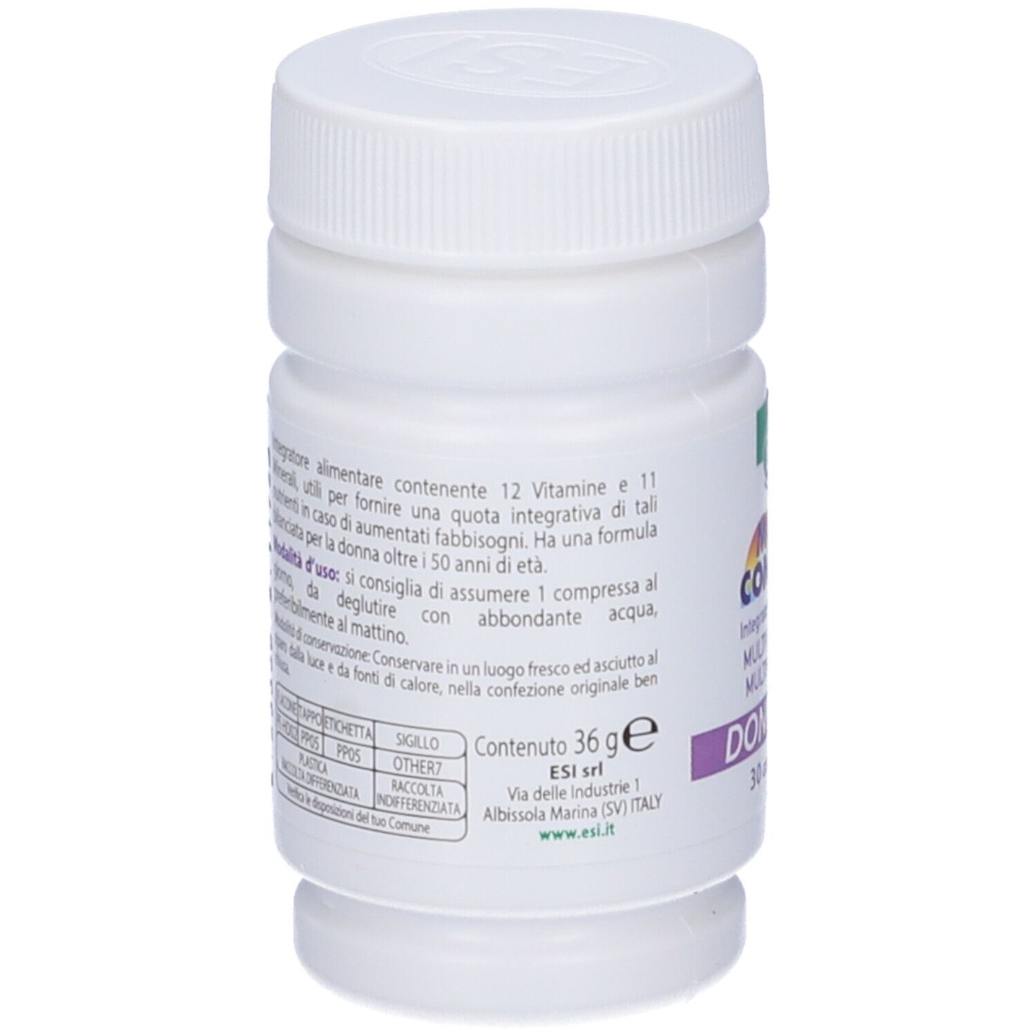 Retro del flacone bianco. Informazioni testuali, ingredienti e modalità d'uso. Peso: 36g.
