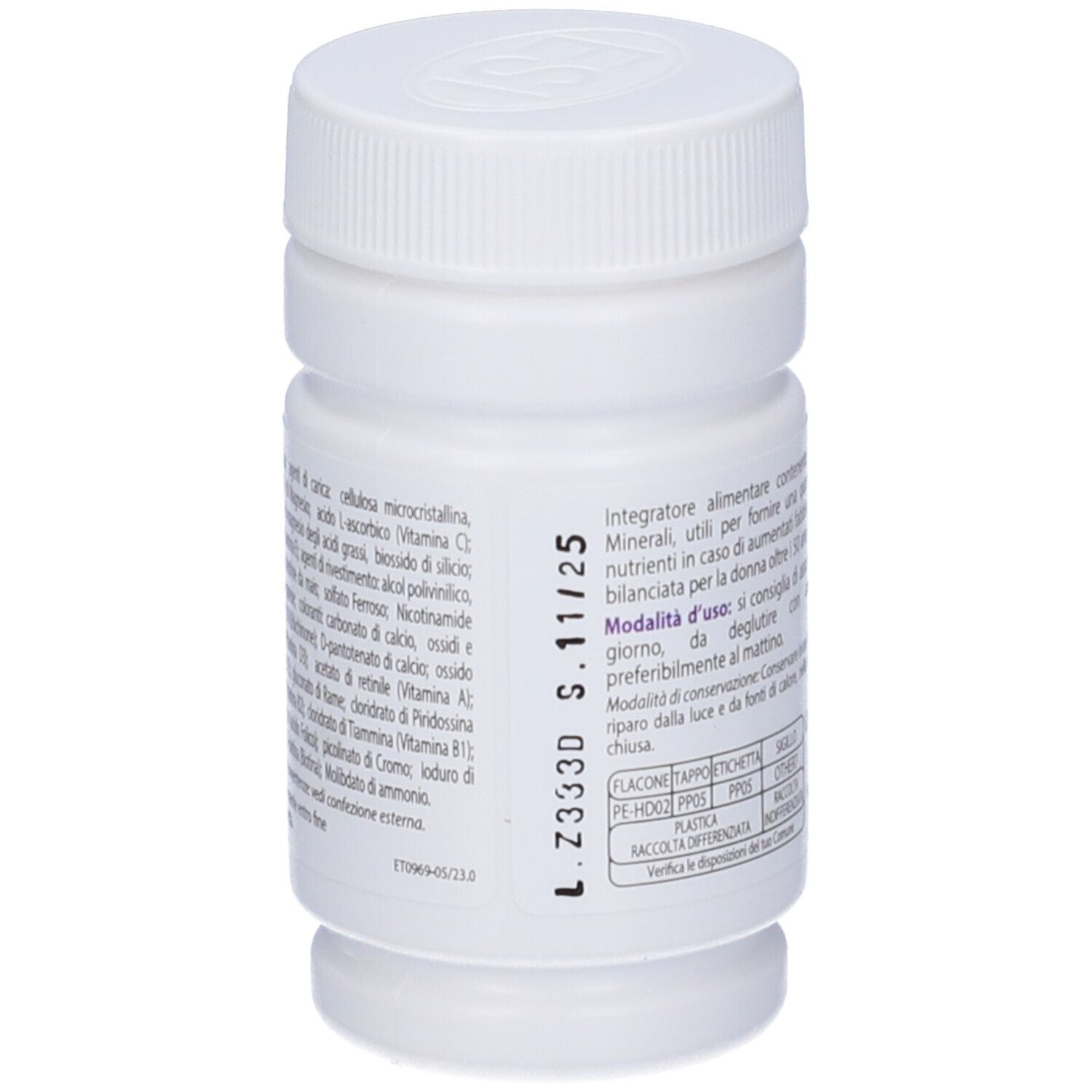 Flacone bianco, vista laterale. Informazioni testuali, ingredienti e numero di lotto. 'L.Z333D S.11/25'.