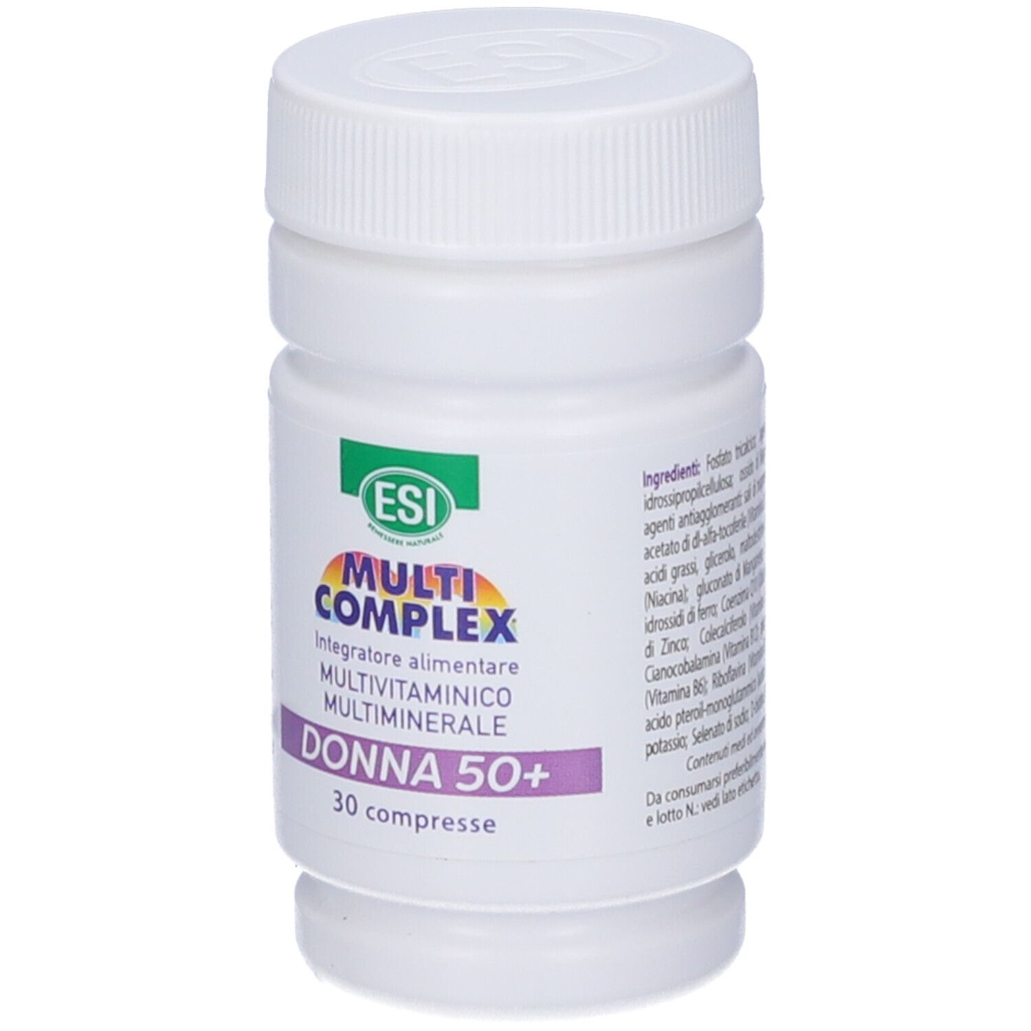 Flacone bianco con tappo a vite. Etichetta con nome prodotto, marchio ESI e 'Donna 50+'. 30 compresse.