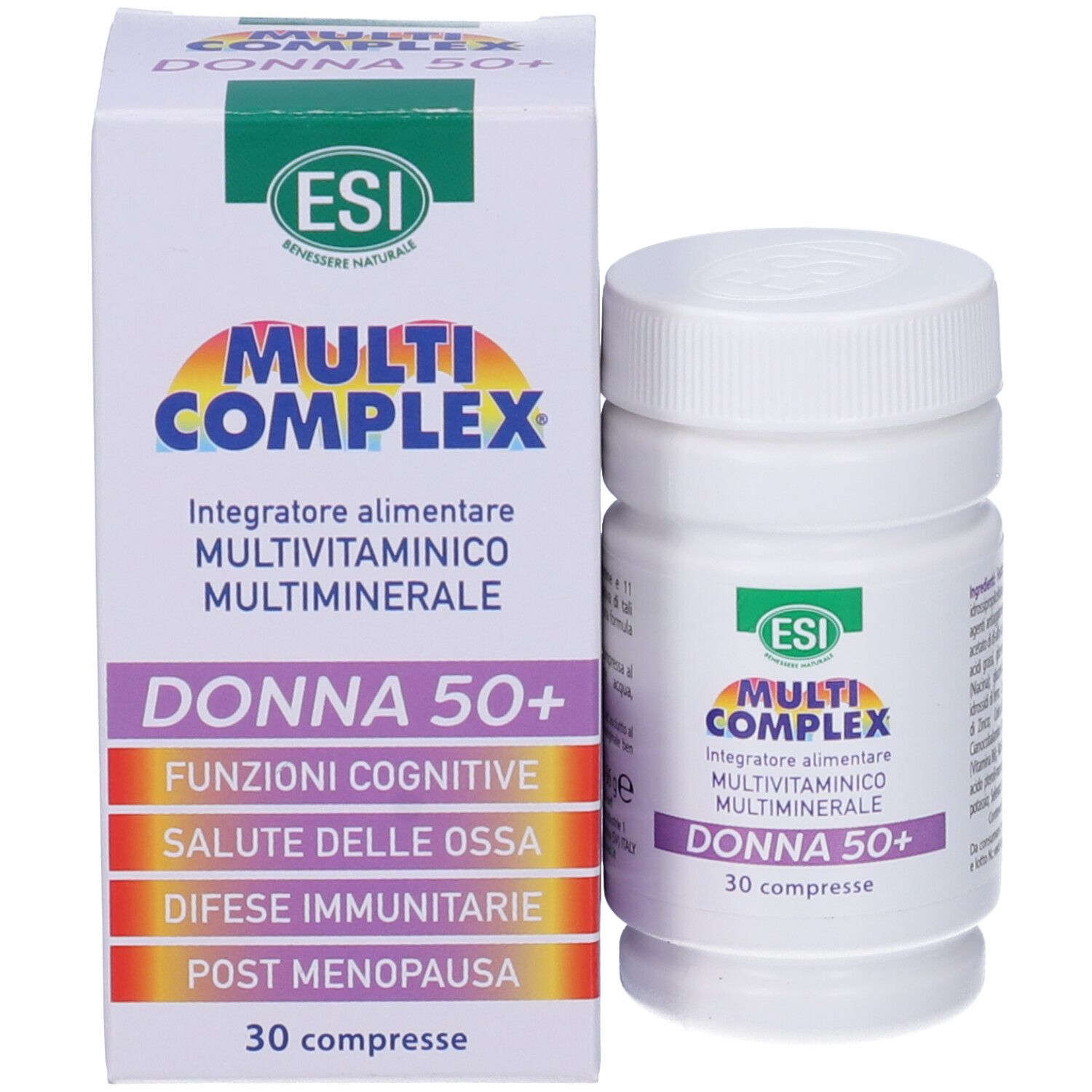 Confezione e flacone del prodotto. Confezione con nome prodotto, marchio ESI e 'Donna 50+'. 30 compresse.