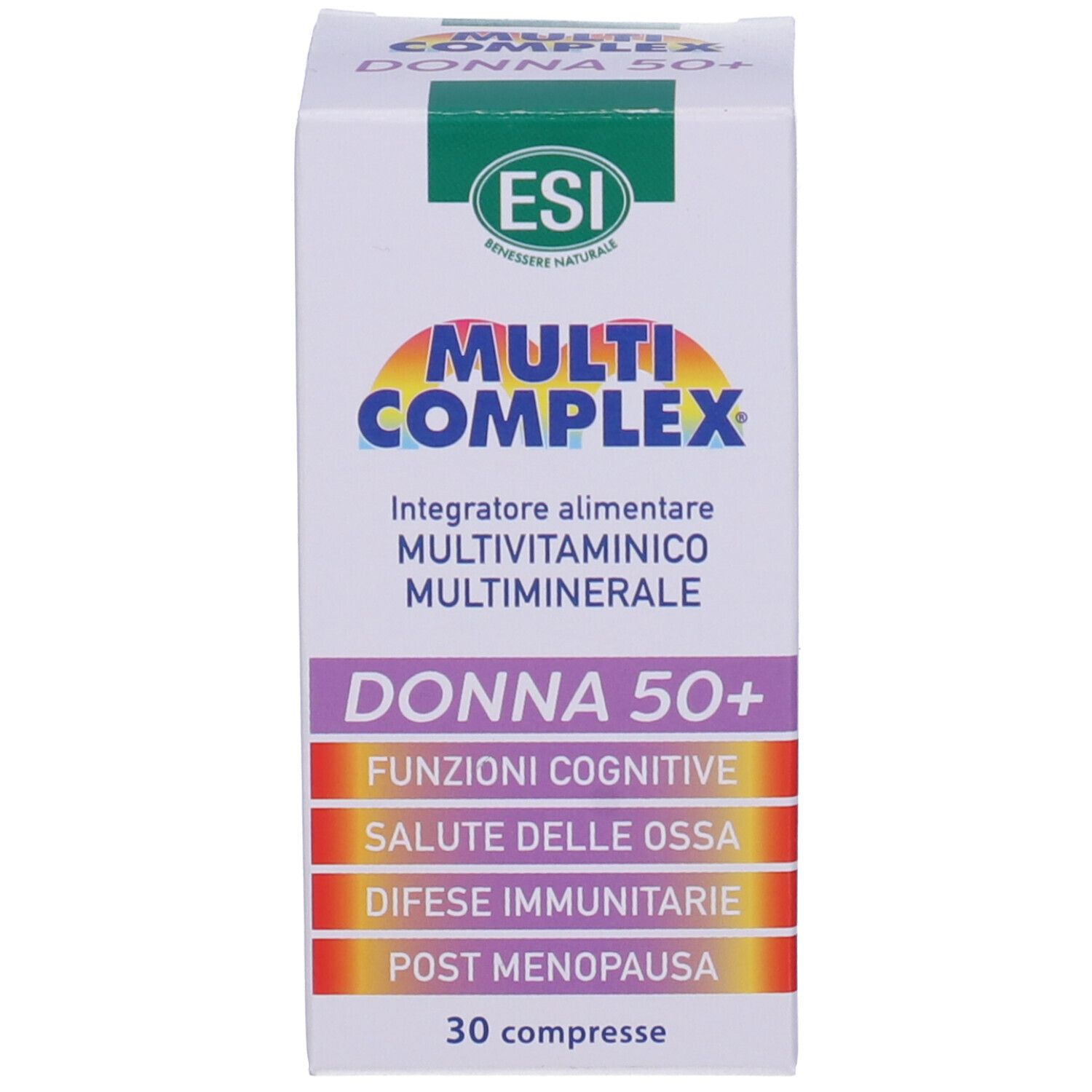 Confezione del prodotto. Stampa con nome prodotto, marchio ESI e 'Donna 50+'. 30 compresse. Funzioni.