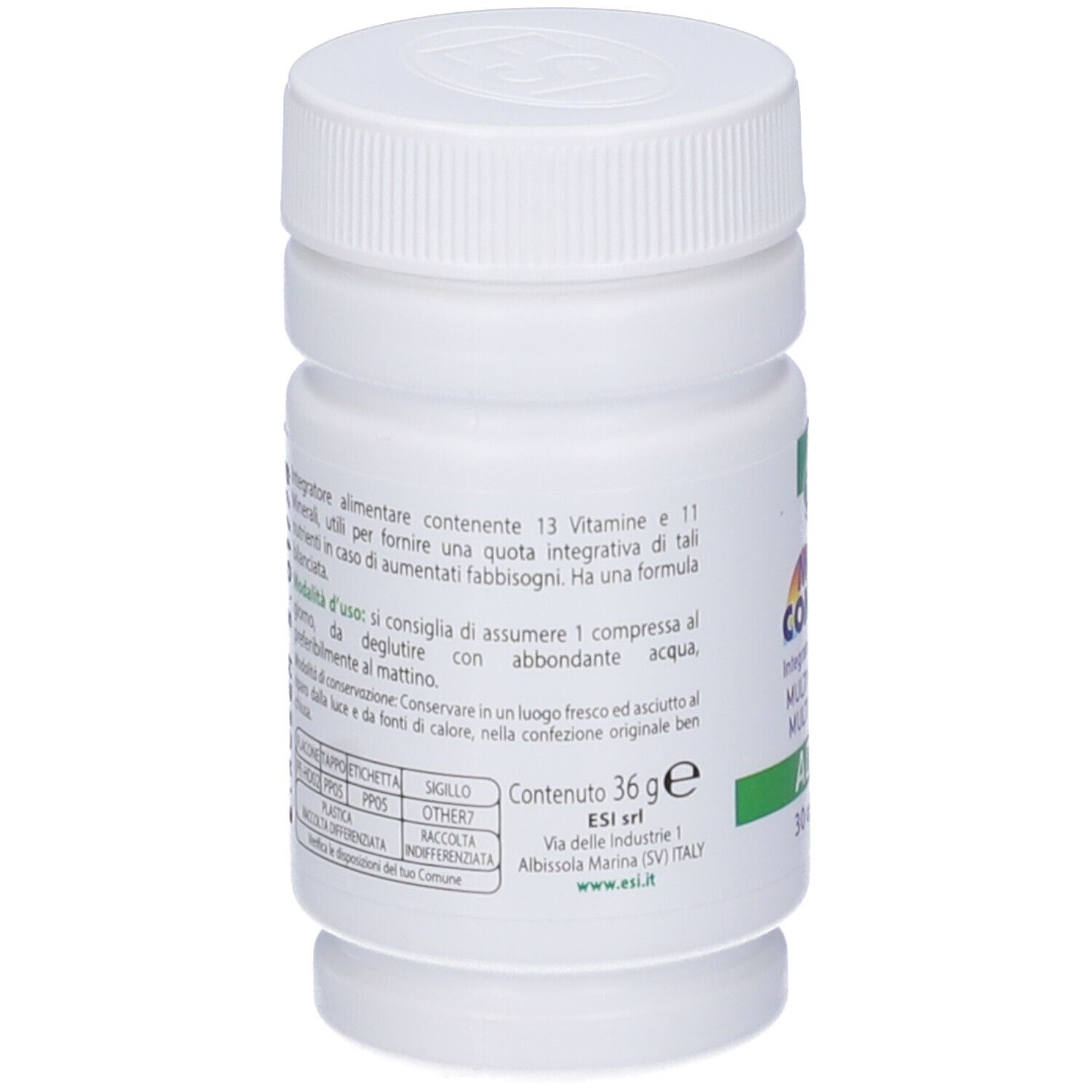 Retro del flacone di compresse bianco. Informazioni testuali e ingredienti stampati.