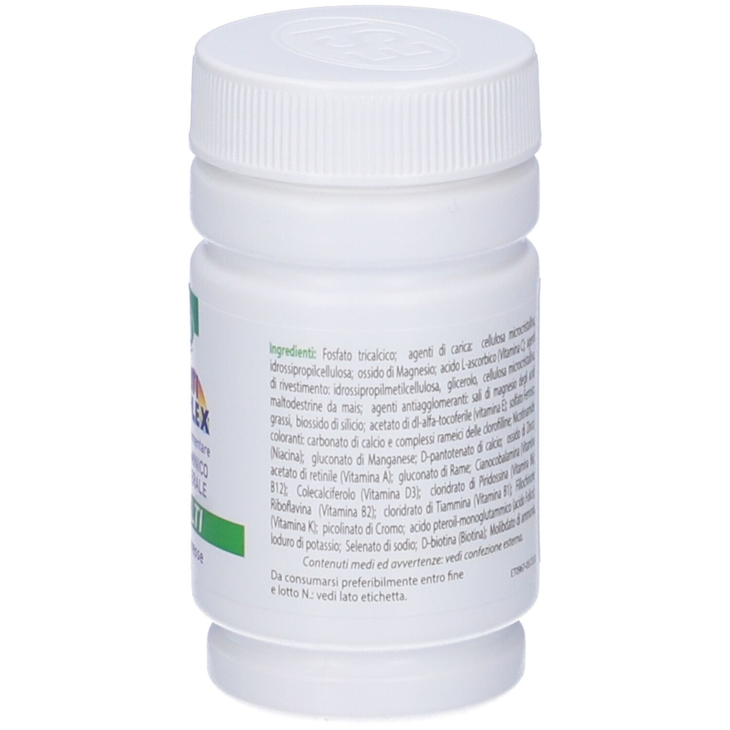 Primo piano del retro del flacone di compresse bianco. Elenco dettagliato degli ingredienti.