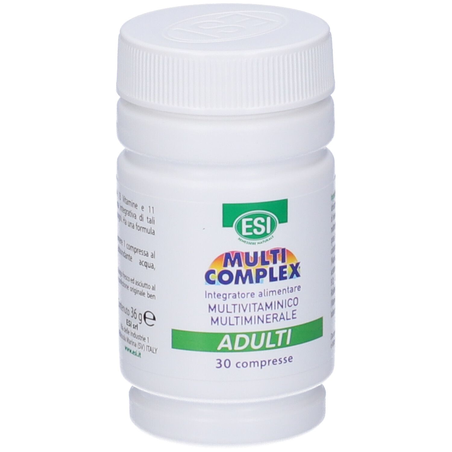 Flacone di compresse bianco con etichetta verde e colorata. Scritta: ESI Multi Complex Adulti, 30 compresse.