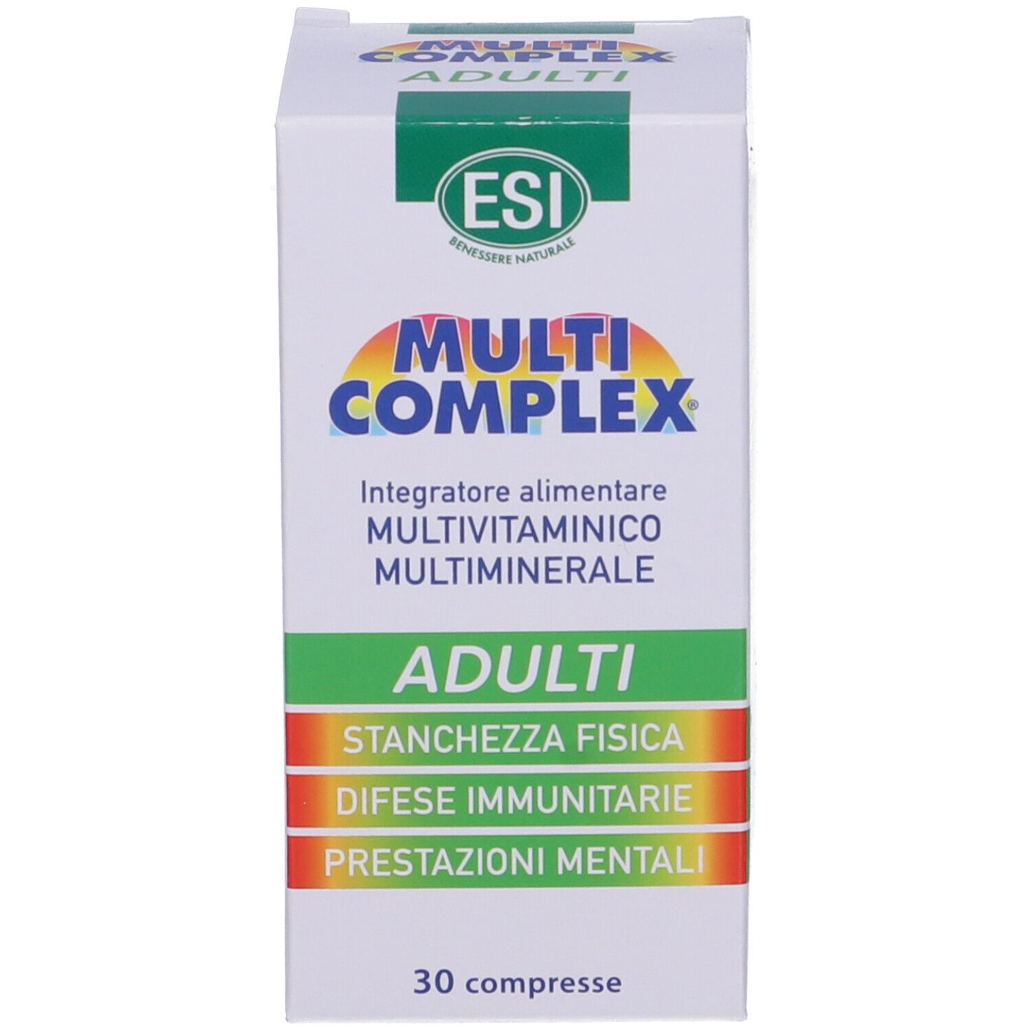 Scatola bianca con etichetta verde e colorata. Scritta: ESI Multi Complex Adulti. 30 compresse.
