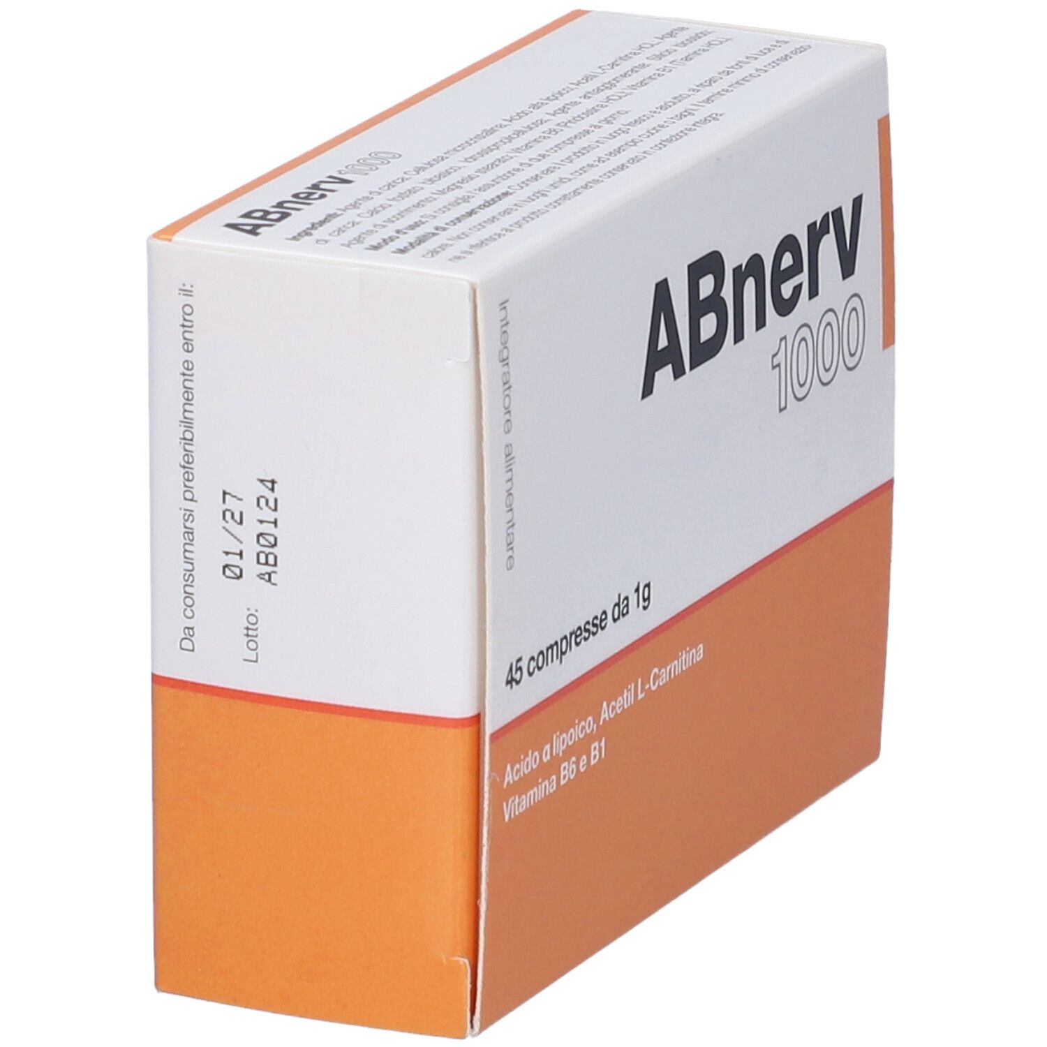 Scatola "ABnerv 1000" con 45 compresse. Ingredienti: Acido a lipoico, Acetil L-Carnitina, Vitamina B6 e B1. Arancione e bianco.